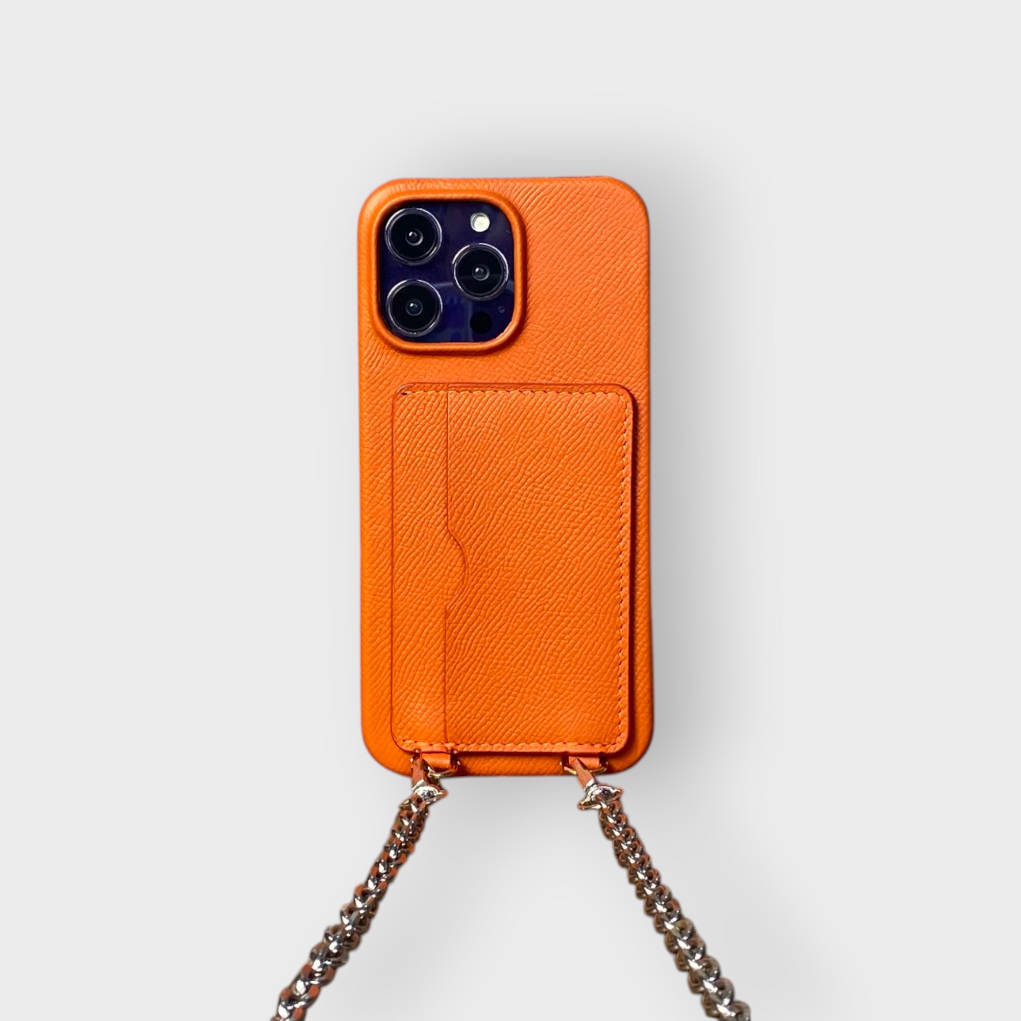 LS0399 - Ốp da thủ công viền full da 2 khe thẻ handstrap kèm dây đeo - Epsom - E11 Cam - 14 Promax