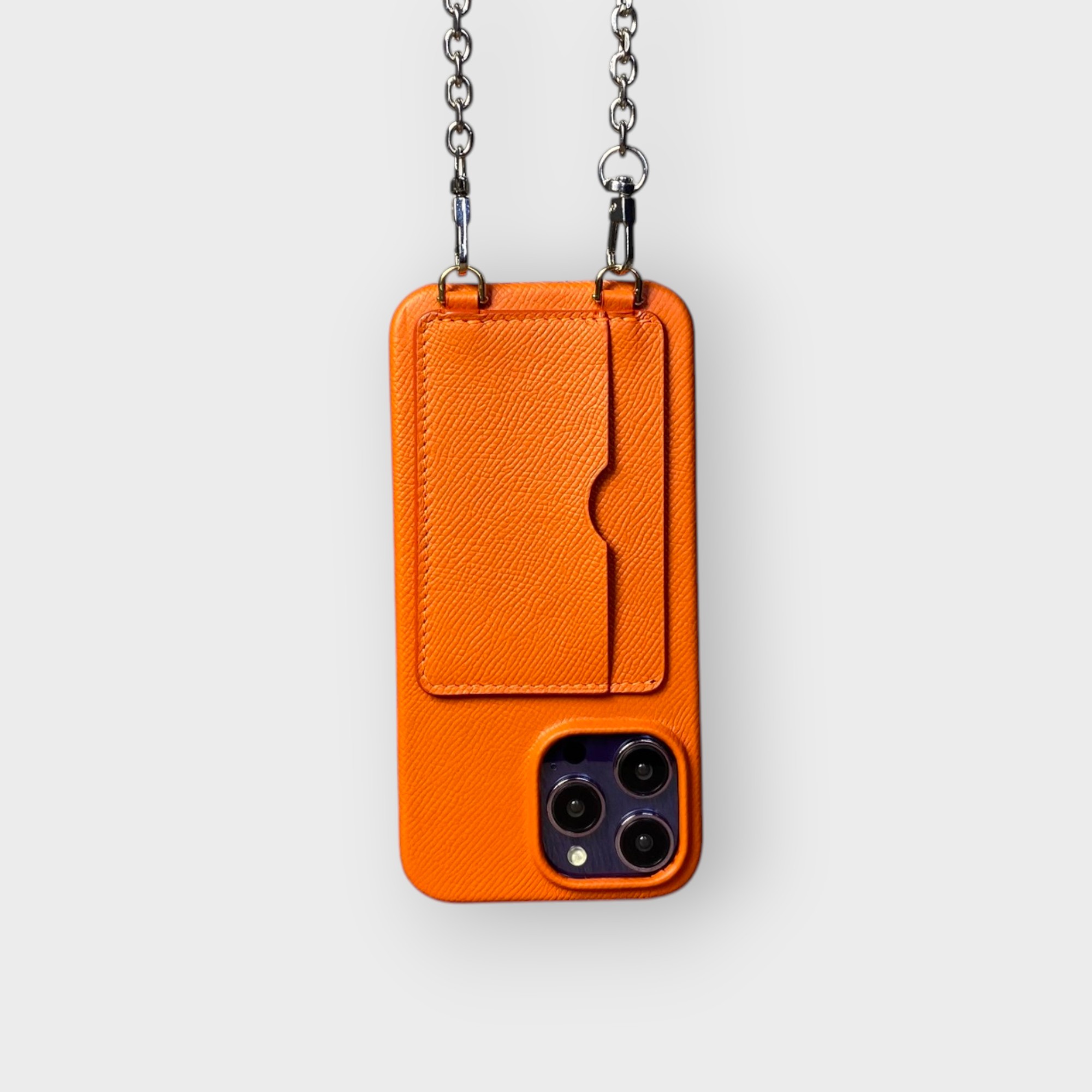 LS0399 - Ốp da thủ công viền full da 2 khe thẻ handstrap kèm dây đeo - Epsom - E11 Cam - 14 Promax