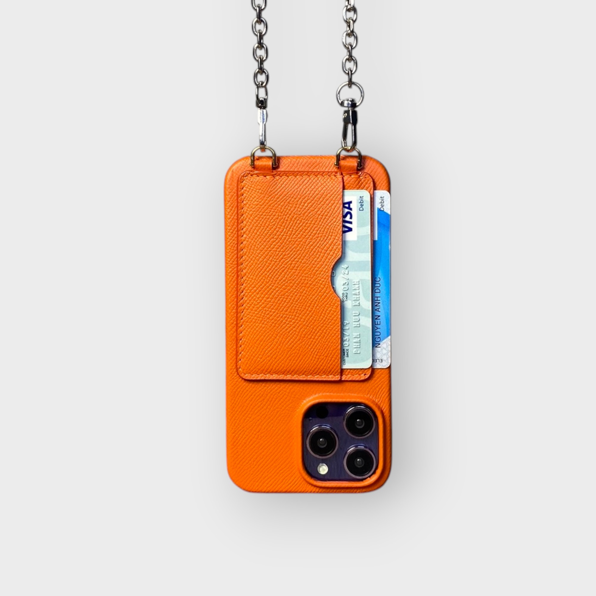 LS0399 - Ốp da thủ công viền full da 2 khe thẻ handstrap kèm dây đeo - Epsom - E11 Cam - 14 Promax