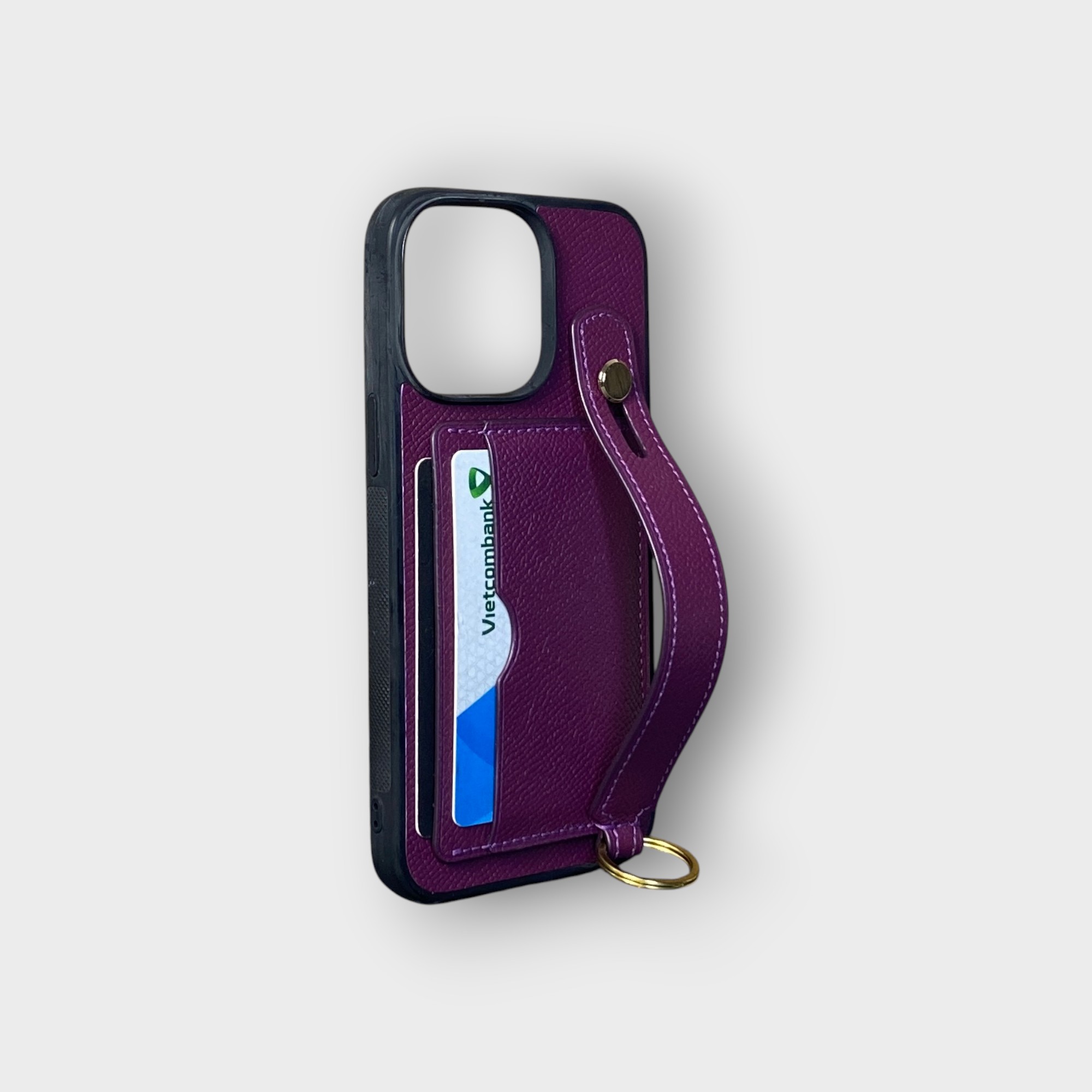 LS0453 - Ốp da thủ công viền đen 2 khe thẻ handstrap kèm dây đeo - Epsom - E19 Tím đậm - 14 Promax