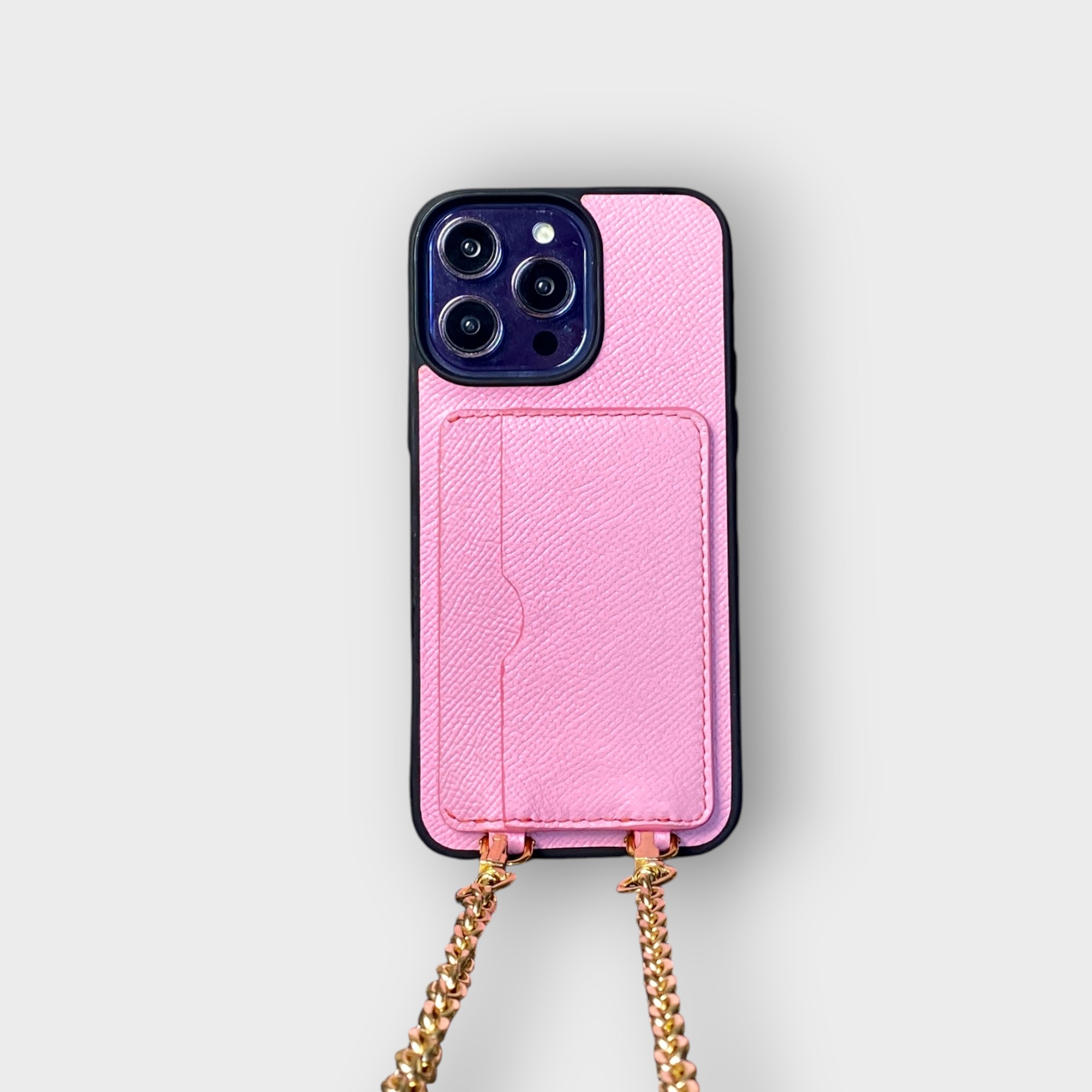LS0458 - Ốp da thủ công viền đen 2 khe thẻ handstrap kèm dây đeo - Epsom - E14 Hồng đậm - 14 Promax