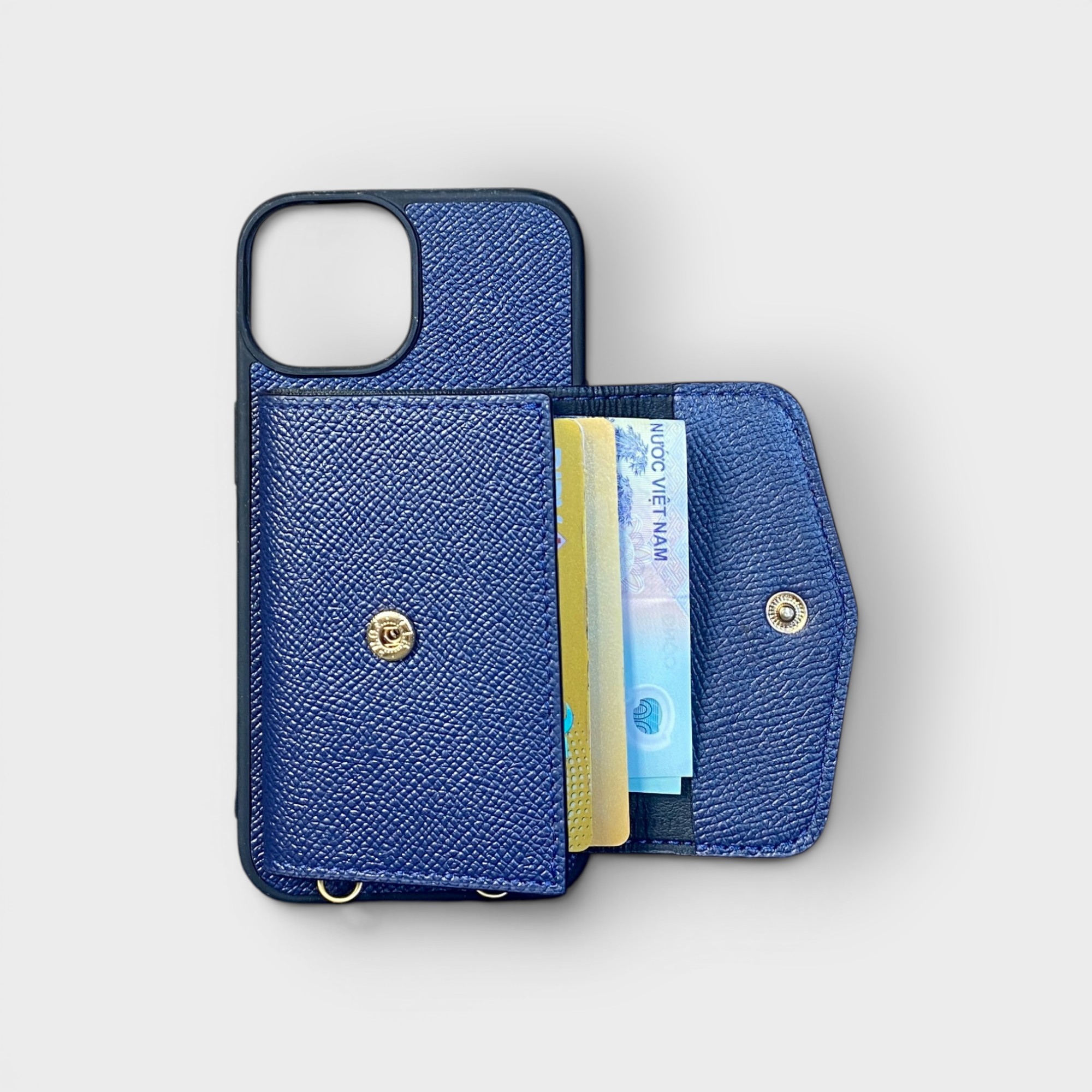 LS0467 - Ốp da thủ công viền đen ví Zip kèm dây đeo - Epsom - E3 Xanh navy - 14 thường