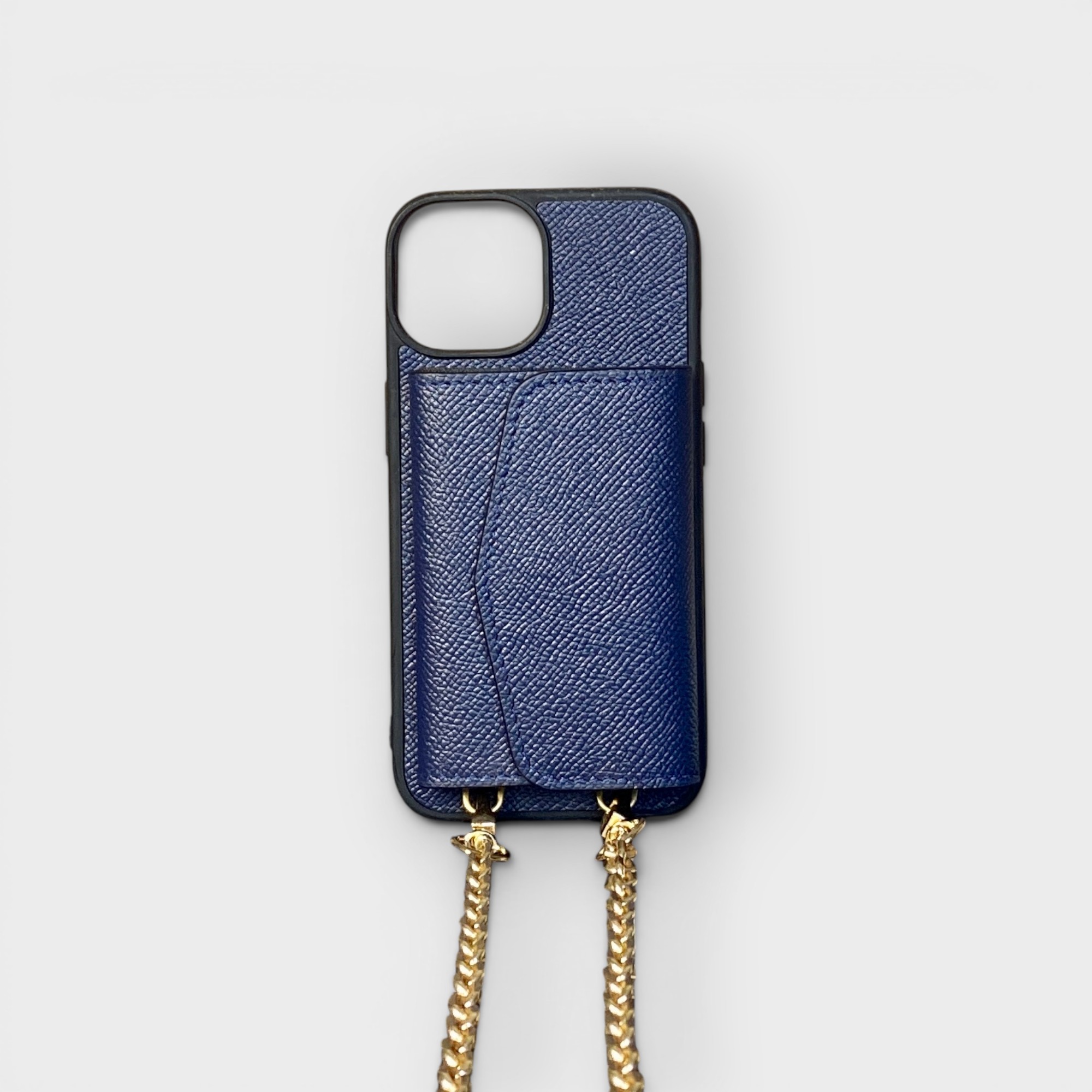 LS0467 - Ốp da thủ công viền đen ví Zip kèm dây đeo - Epsom - E3 Xanh navy - 14 thường