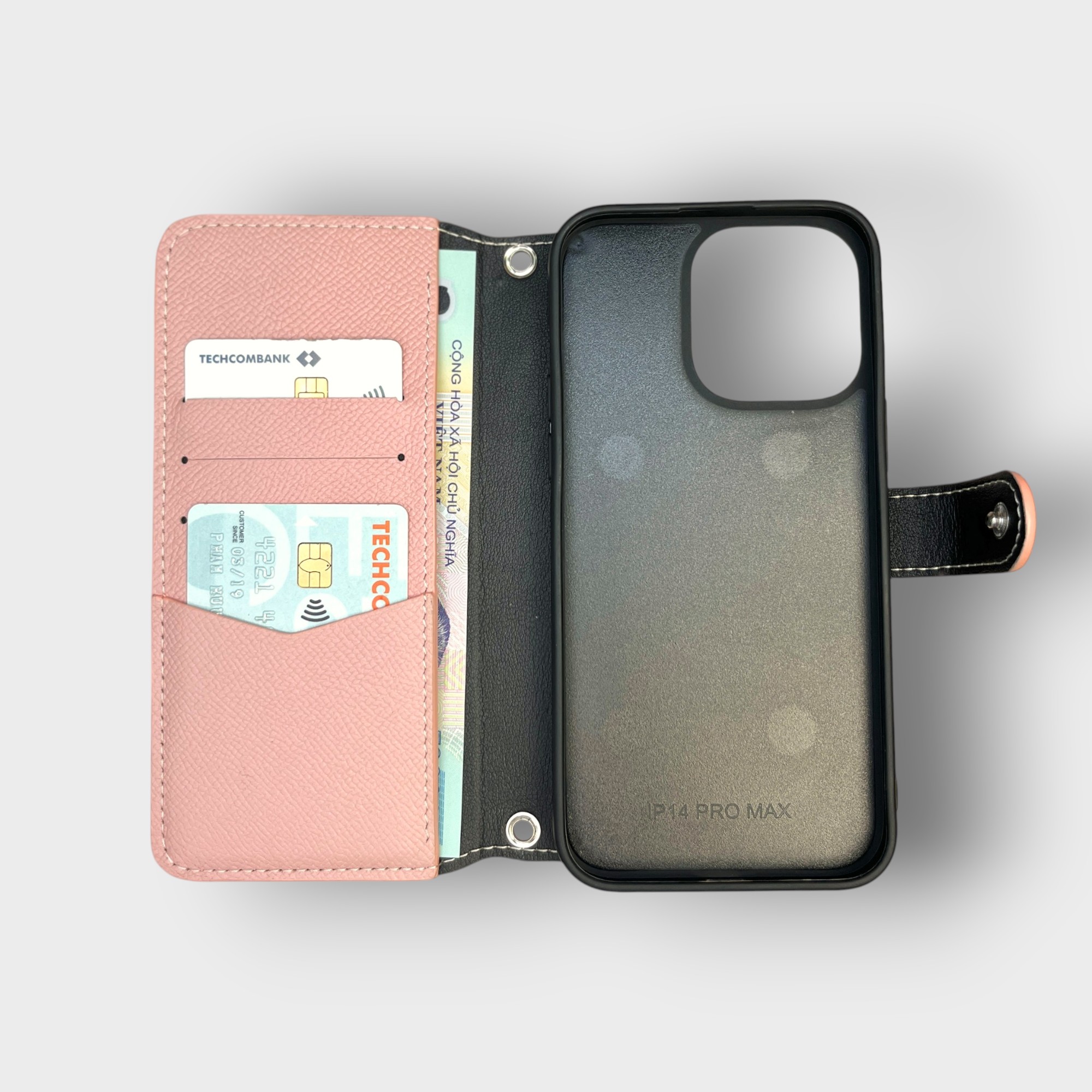 LS0473 - Bao da thủ công viền đen Flip kèm ví Zip quai cài kèm dây đeo - Epsom - E18 Hồng nhạt - 14 thường