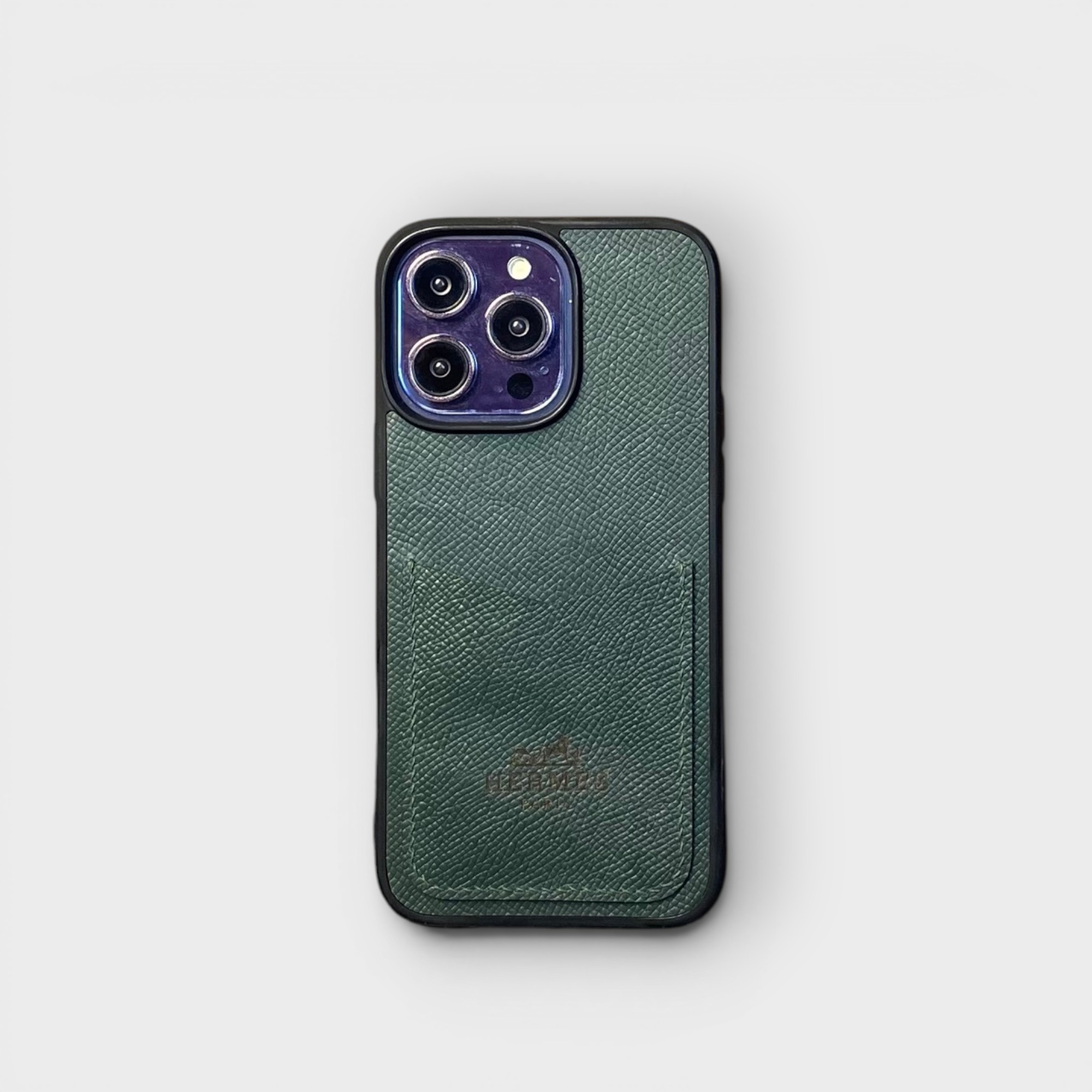 LS0494 - Ốp da thủ công viền đen khắc Hermes - Epsom - E6 Xanh rêu - 14 Promax