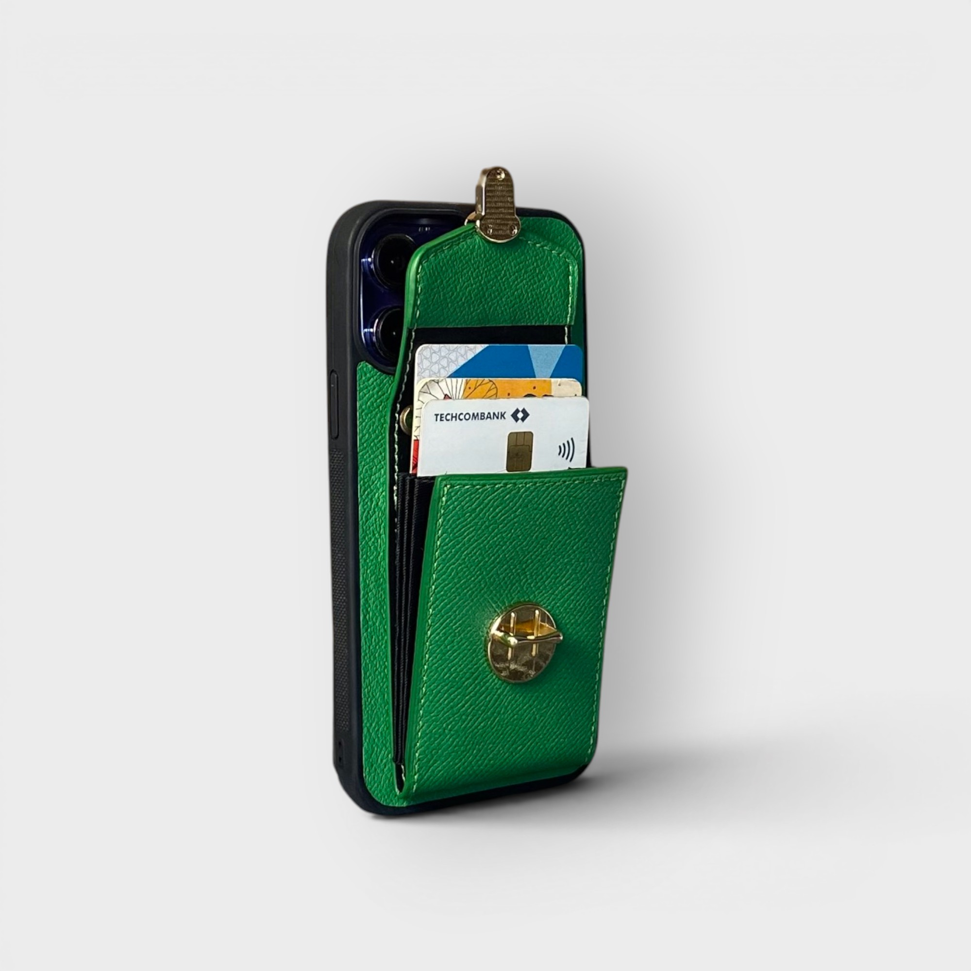 LS0513 - Ốp da thủ công viền đen ví Lily kèm dây đeo - Epsom - E7 Xanh lá - 13 Promax