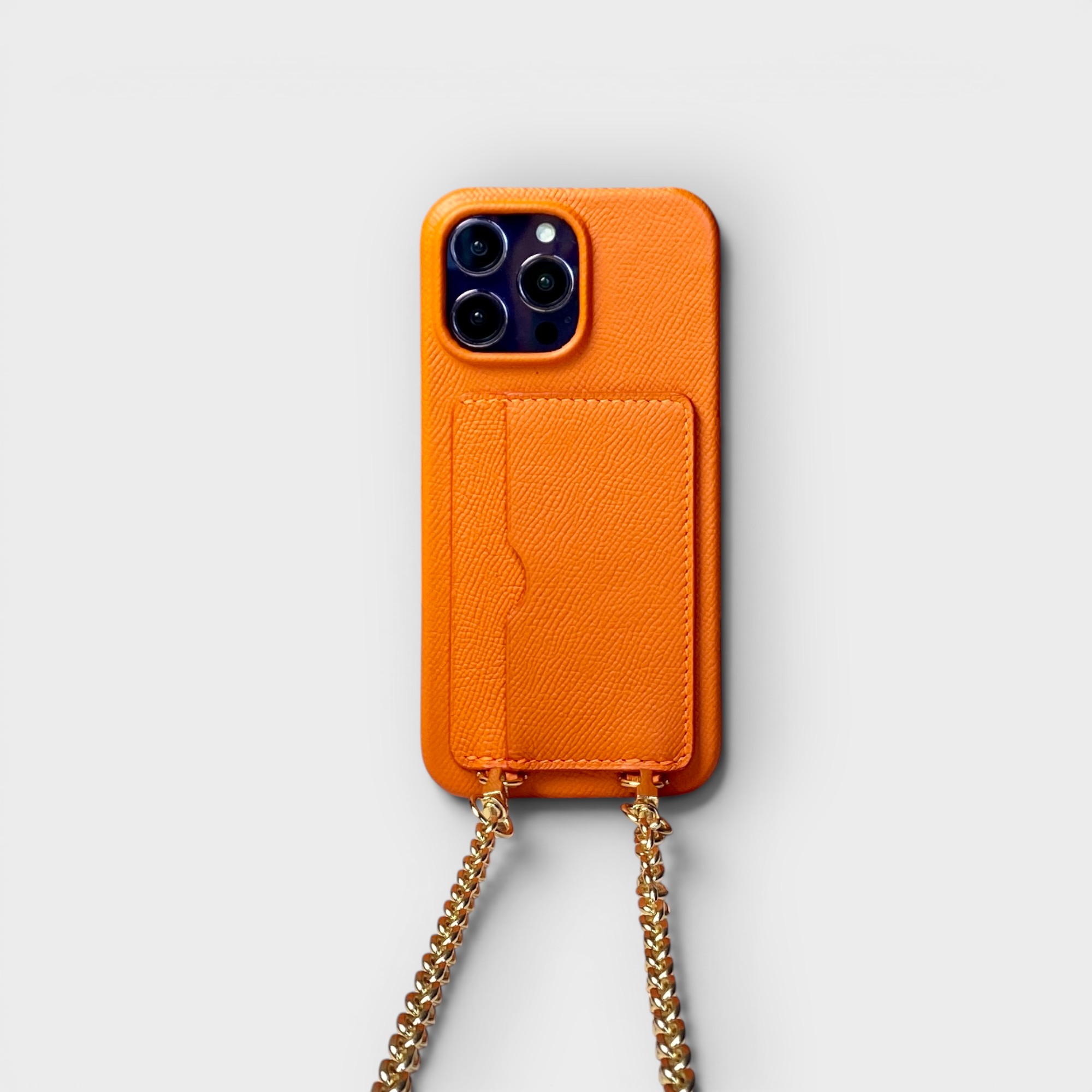 LS0519 - Ốp da thủ công viền full da 2 khe thẻ handstrap kèm dây đeo - Epsom - E11 Cam - 14 Promax