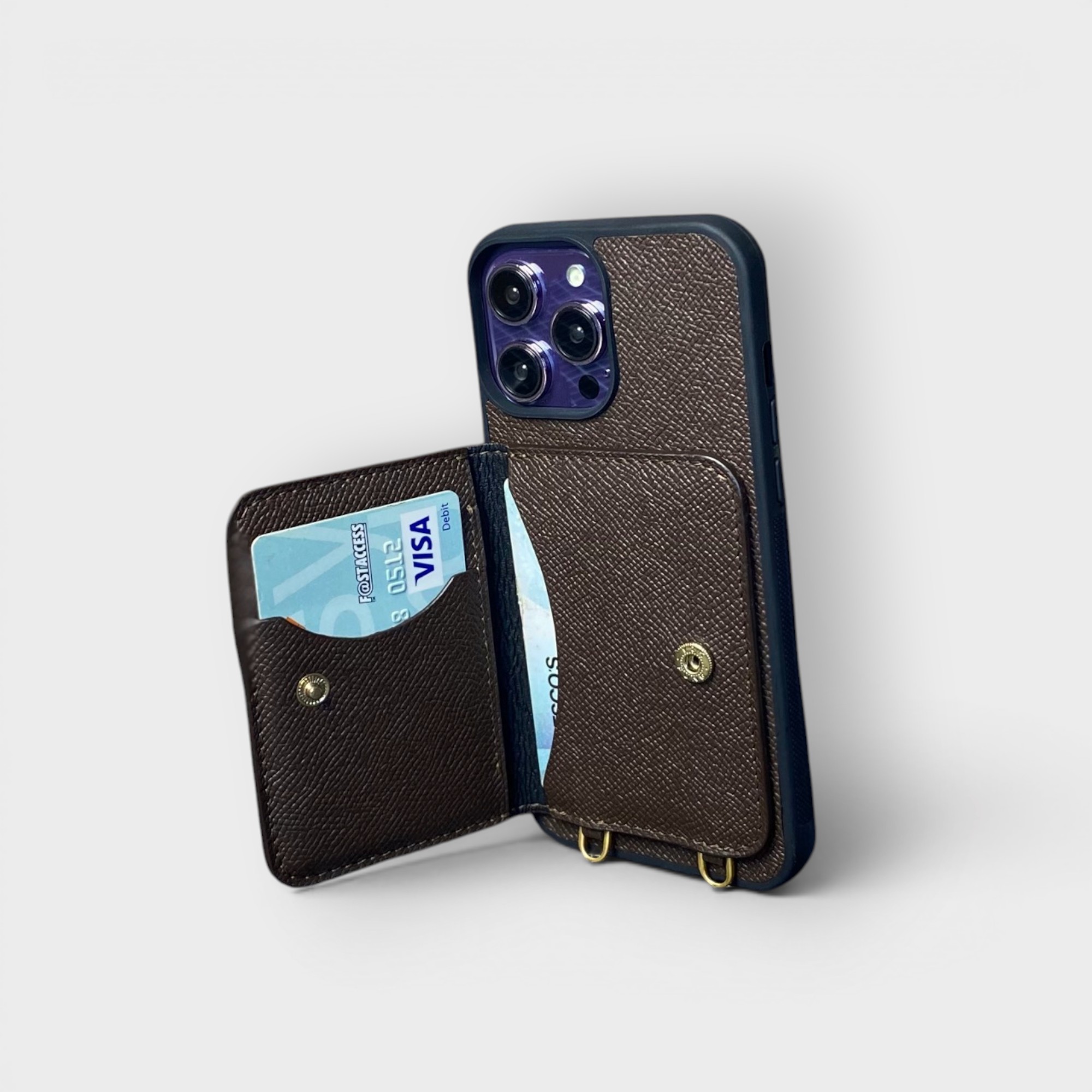 LS0539 - Ốp da thủ công viền đen ví Mini kèm dây đeo - Epsom - E2 Nâu cafe - 13 Promax