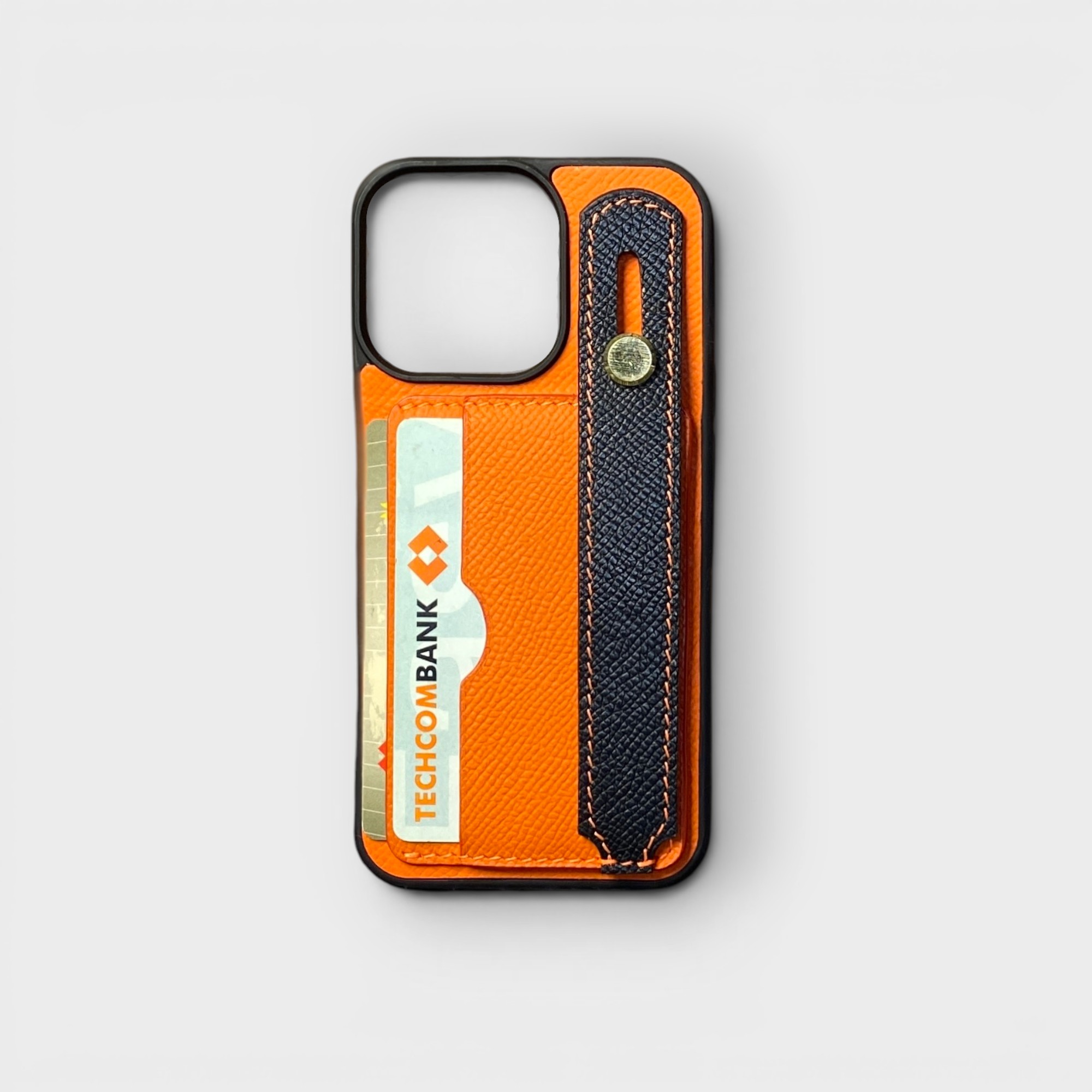 LS0545 - Ốp da thủ công viền đen 2 khe thẻ handstrap mix màu - Epsom - E11 Cam handstrap đen - 13 Pro