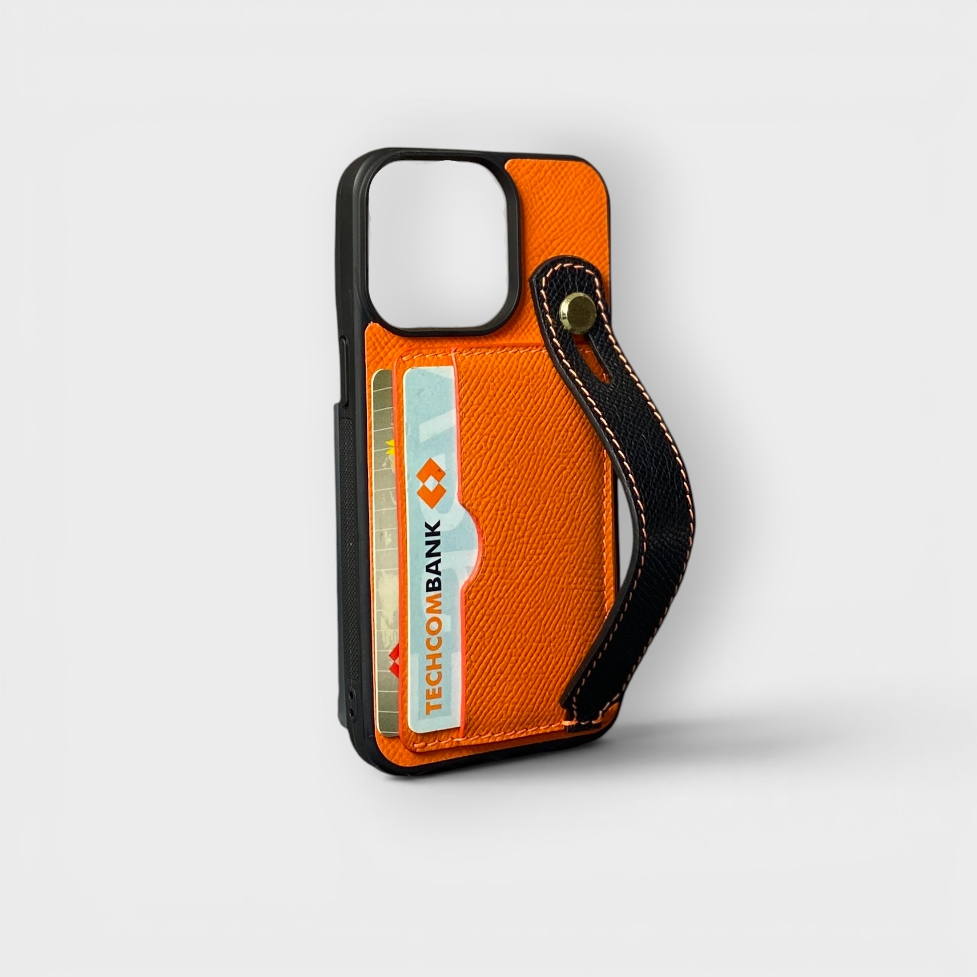 LS0545 - Ốp da thủ công viền đen 2 khe thẻ handstrap mix màu - Epsom - E11 Cam handstrap đen - 13 Pro