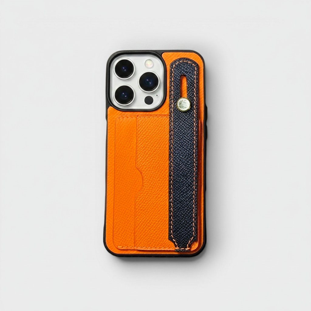 LS0545 - Ốp da thủ công viền đen 2 khe thẻ handstrap mix màu - Epsom - E11 Cam handstrap đen - 13 Pro