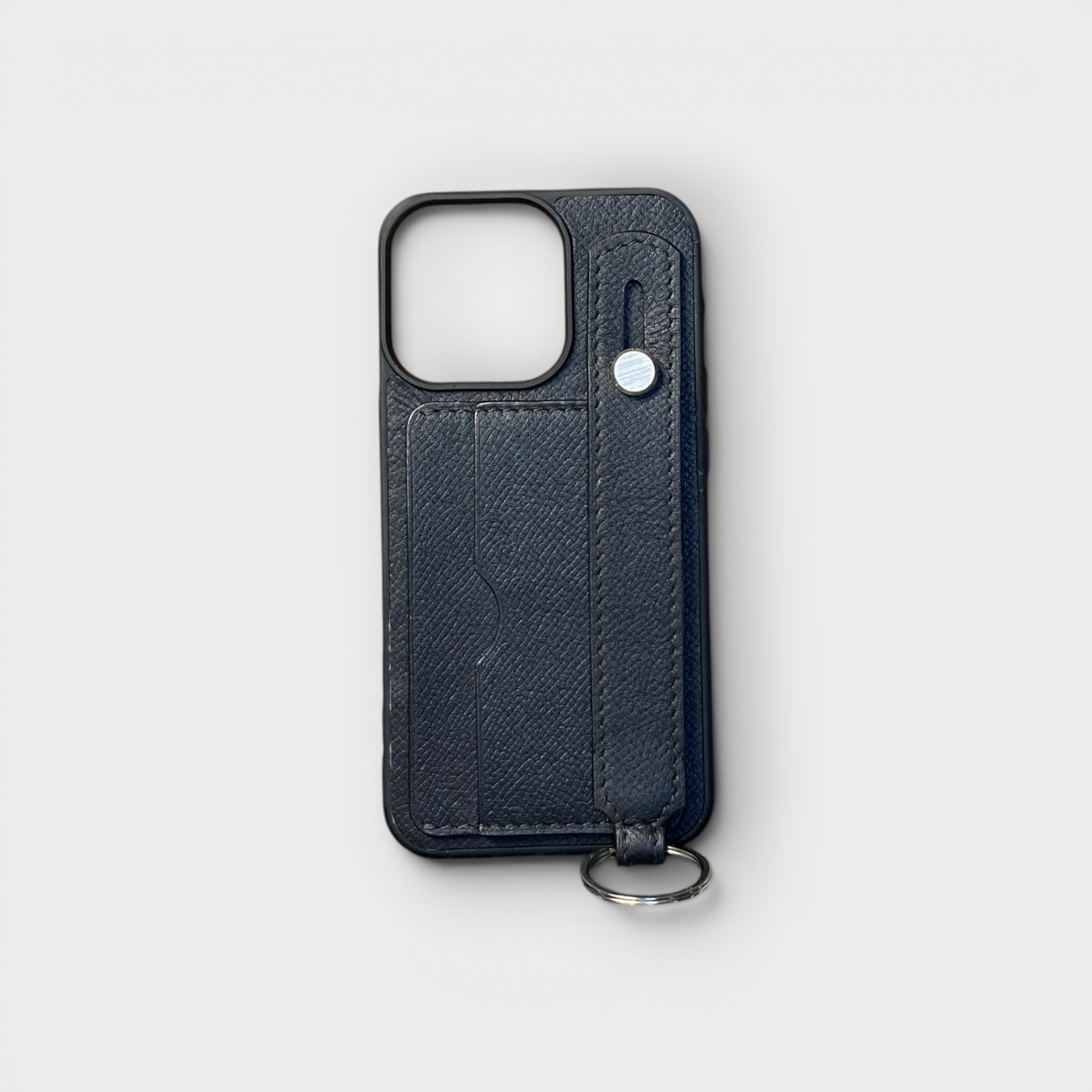 LS0546 - Ốp da thủ công viền đen 2 khe thẻ handstrap kèm dây đeo - Epsom - E1 Đen - 13 Pro