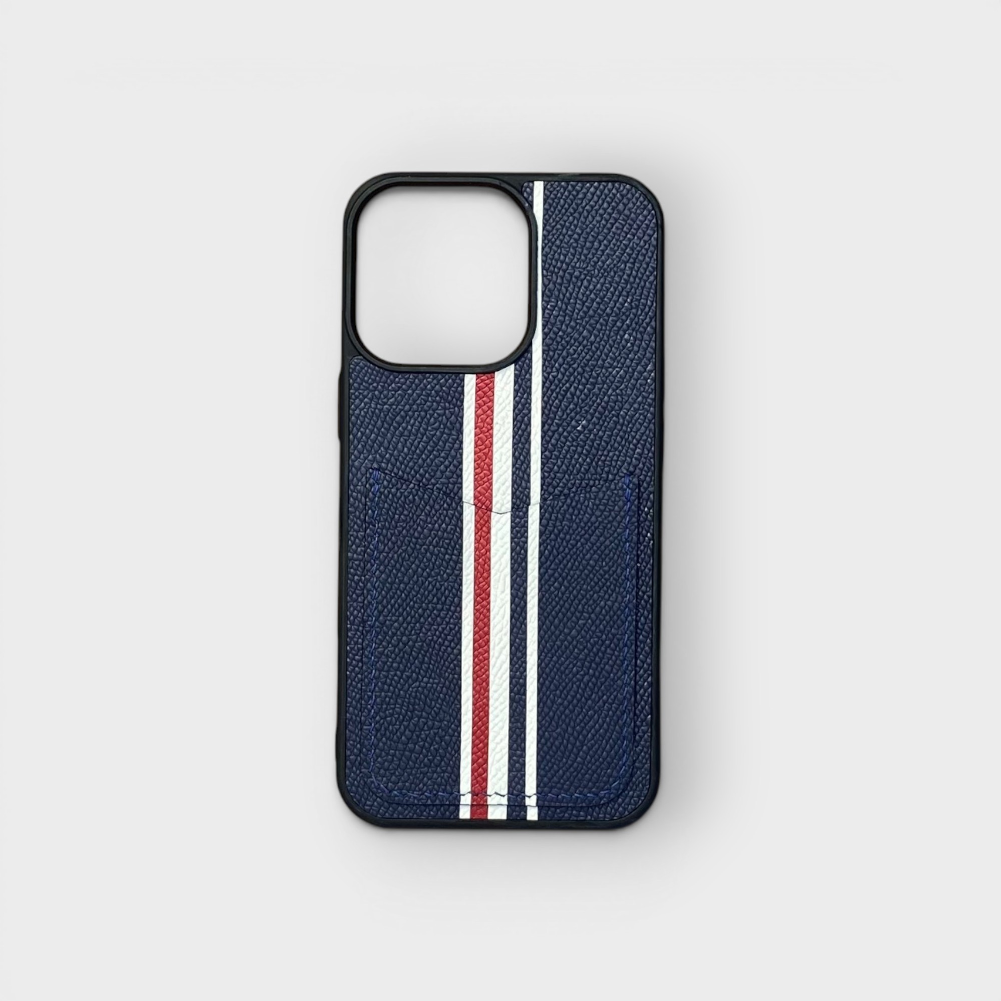 LS0569 - Ốp da thủ công viền đen Thom Browne khe thẻ dọc - Epsom - E3 Xanh navy - 13 Pro