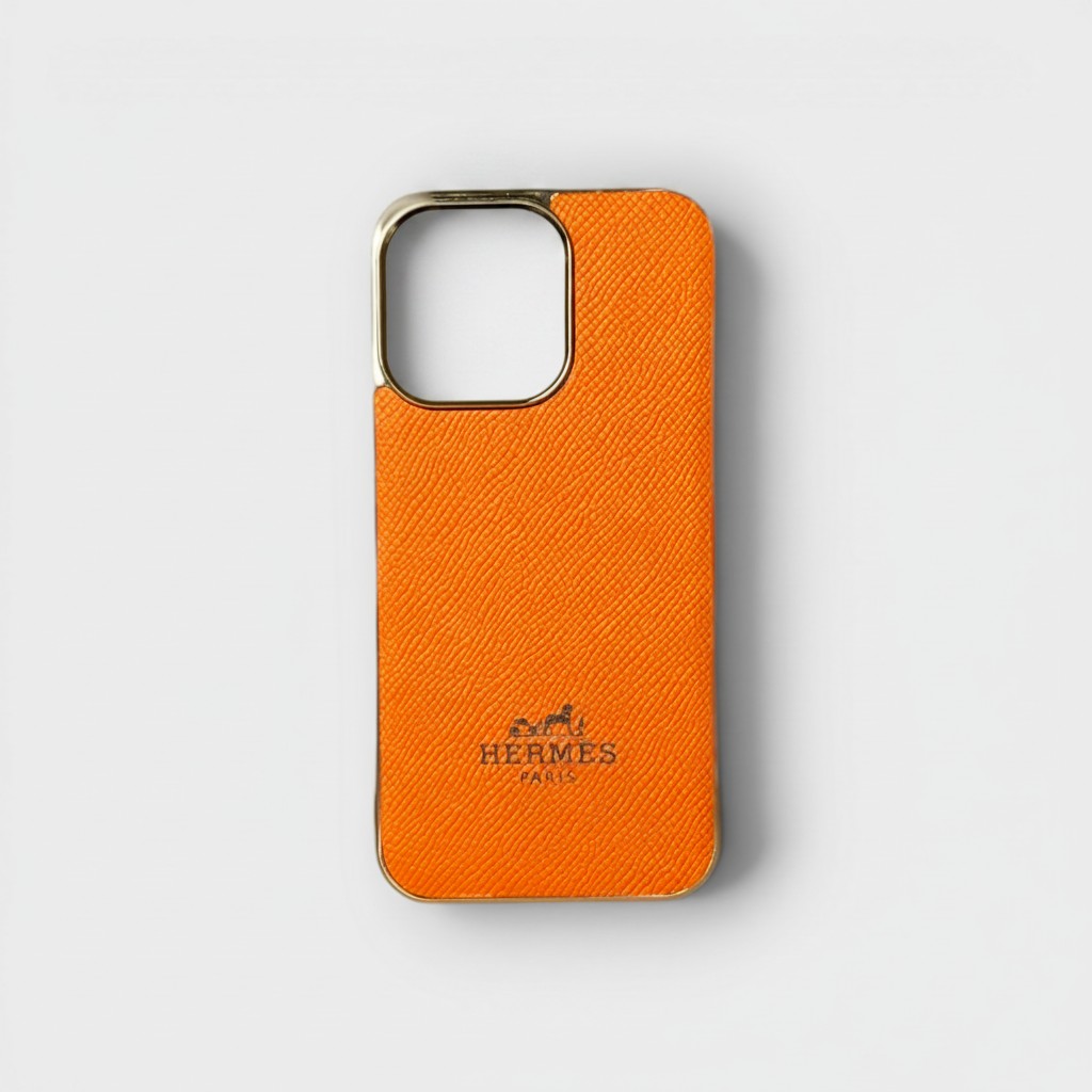 LS0574 - Ốp da thủ công viền gold khắc Hermes - Epsom - E11 Cam - 13 Pro