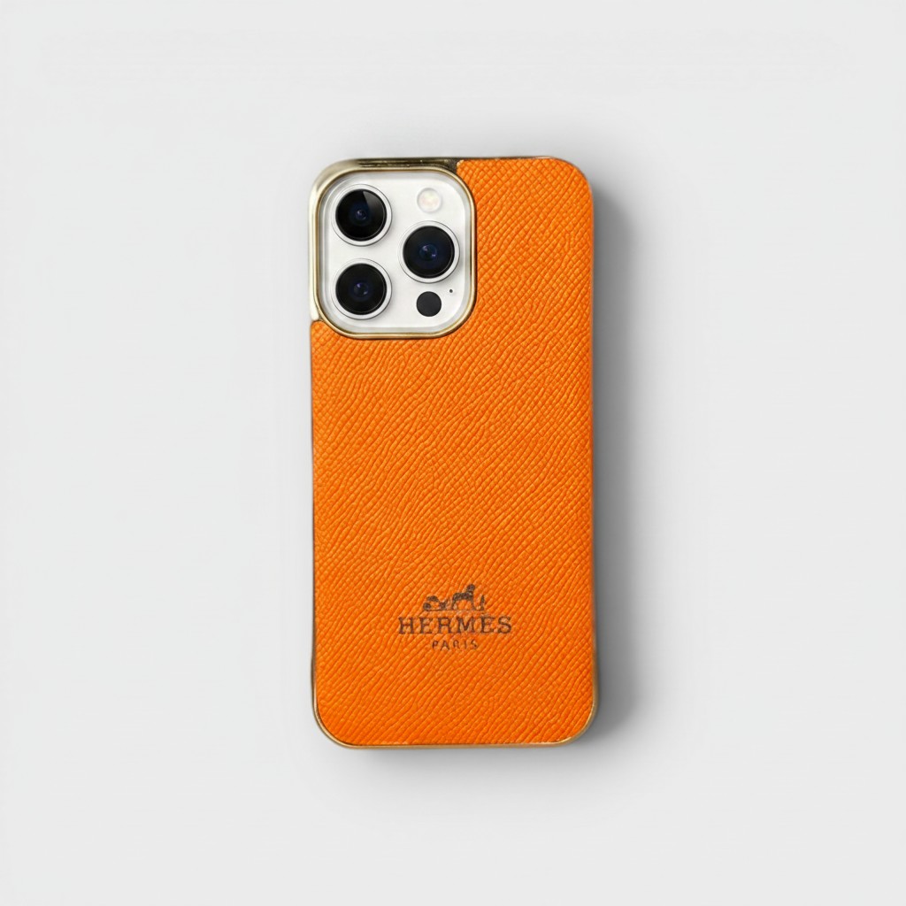 LS0574 - Ốp da thủ công viền gold khắc Hermes - Epsom - E11 Cam - 13 Pro