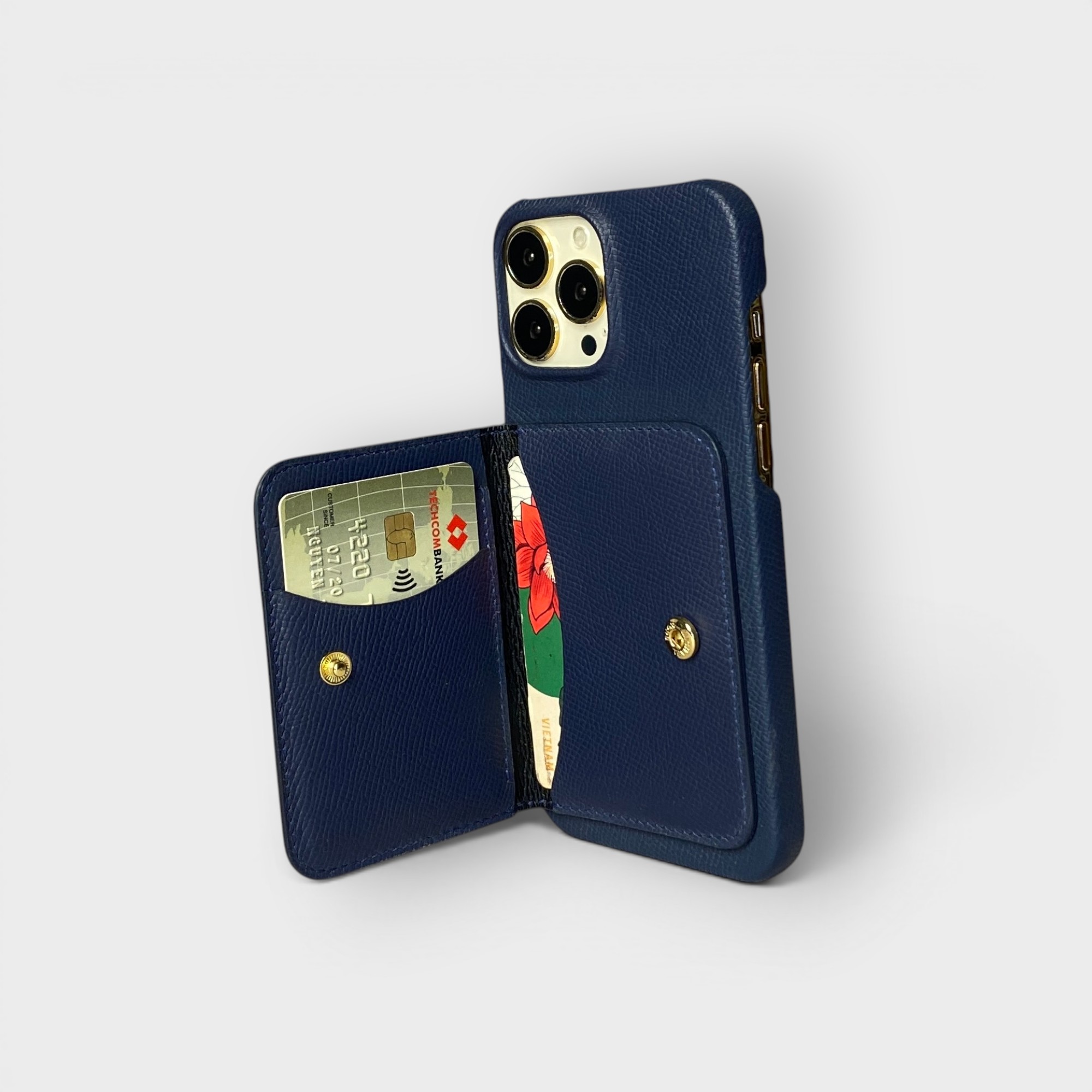 LS0590 - Ốp da thủ công viền full da ví Mini - Epsom - E3 Xanh navy - 13 Promax