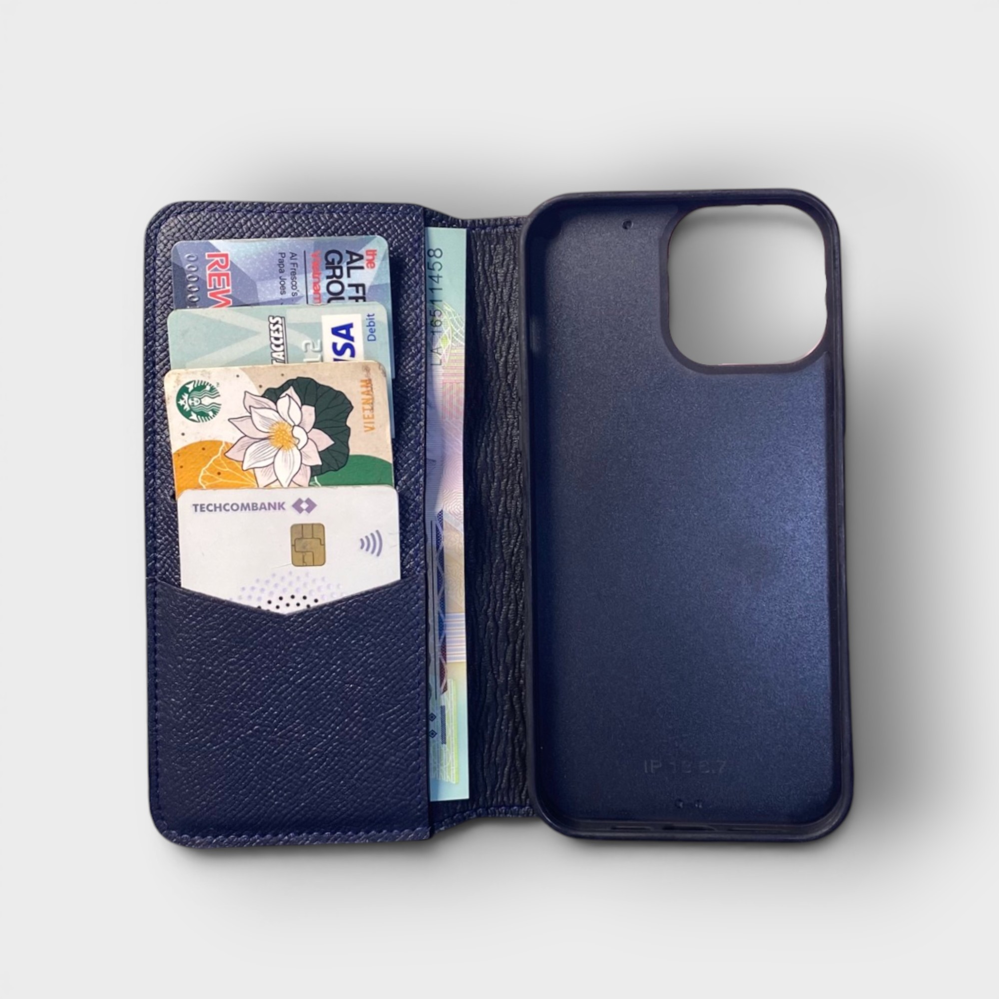 LS0615 - Bao da thủ công viền đen Flip kèm handstrap mix màu - Epsom - E3 Xanh navy handstrap cam - 13 Promax
