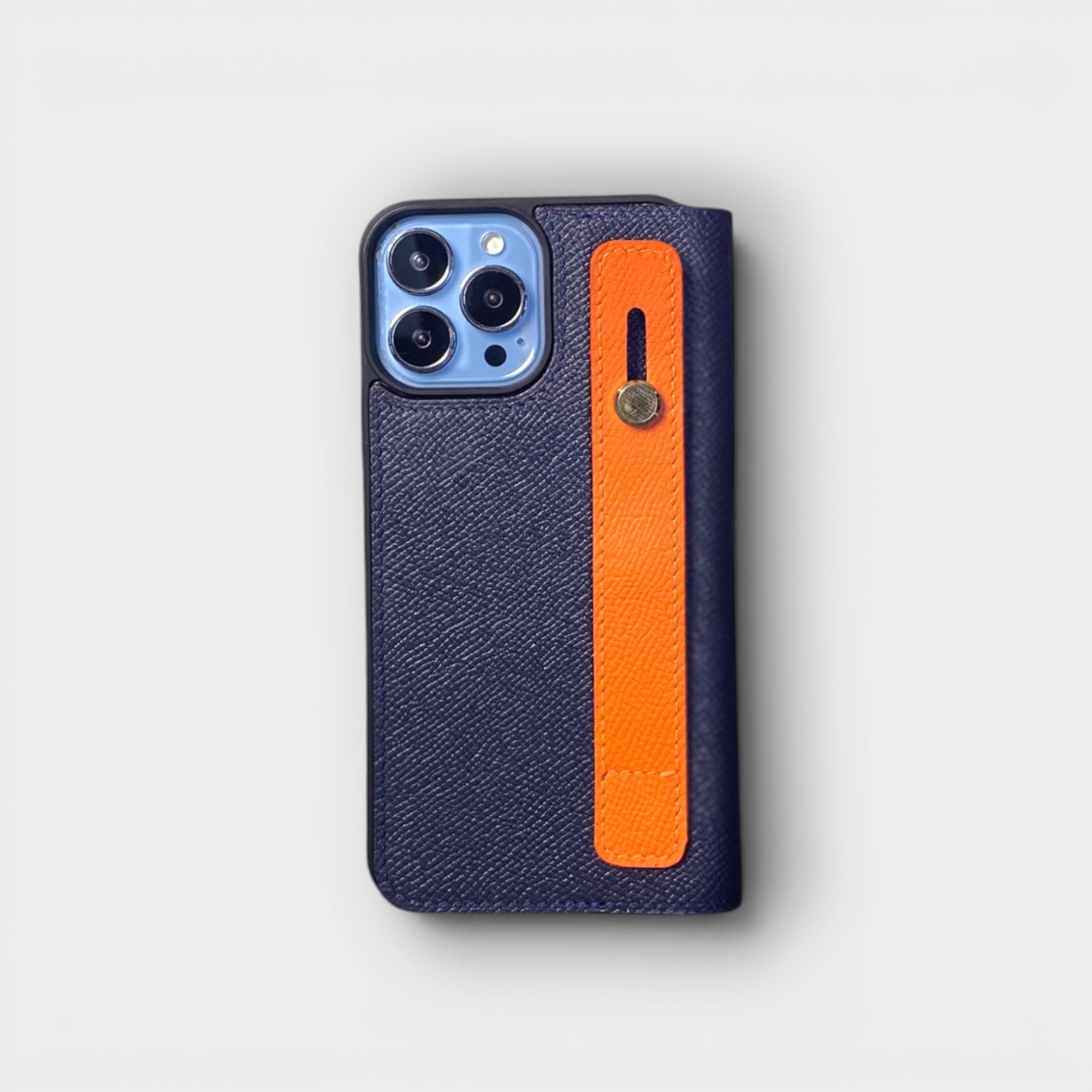 LS0615 - Bao da thủ công viền đen Flip kèm handstrap mix màu - Epsom - E3 Xanh navy handstrap cam - 13 Promax