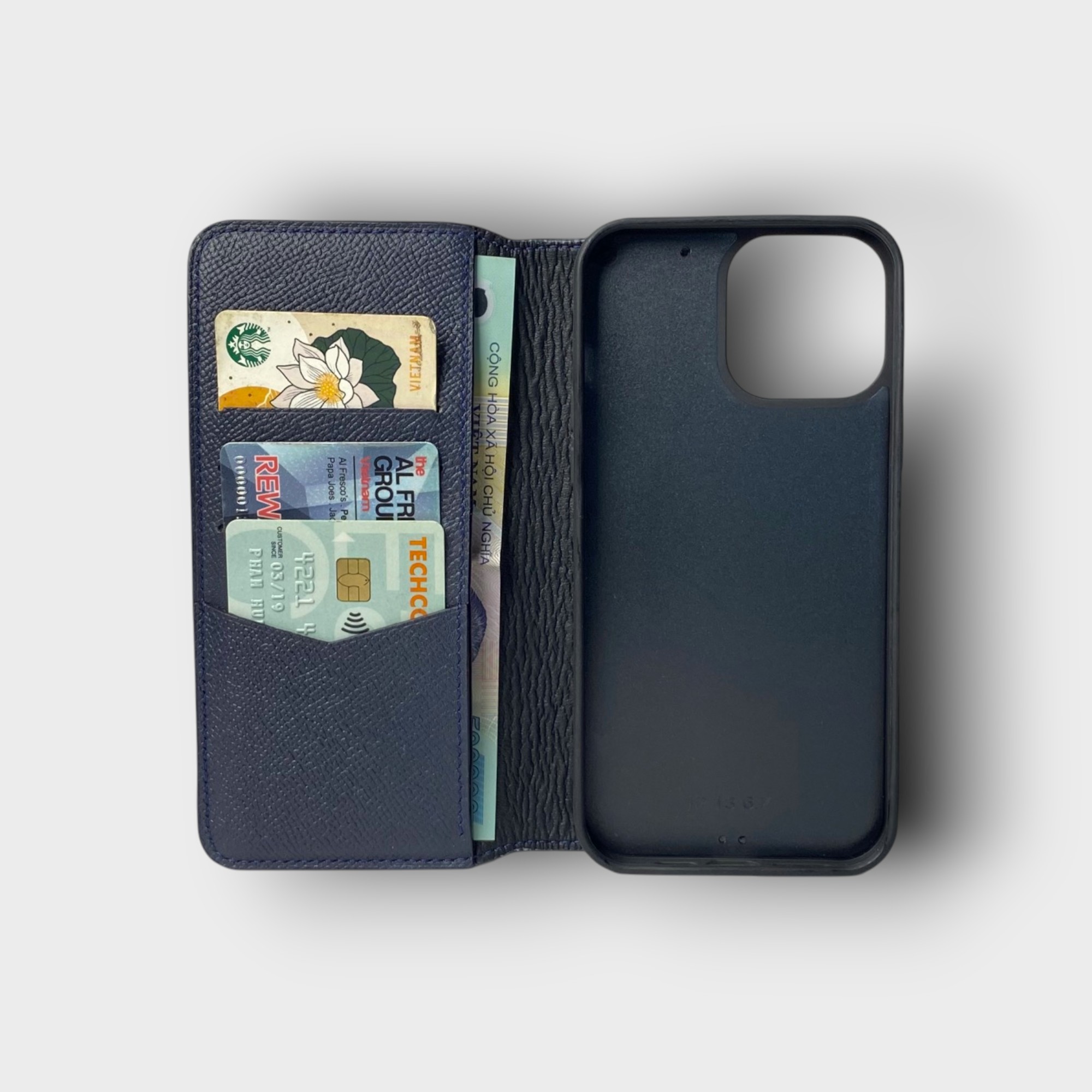 LS0642 - Bao da thủ công viền đen Flip kèm handstrap mix màu - Epsom - E3 Xanh navy - 13 Promax