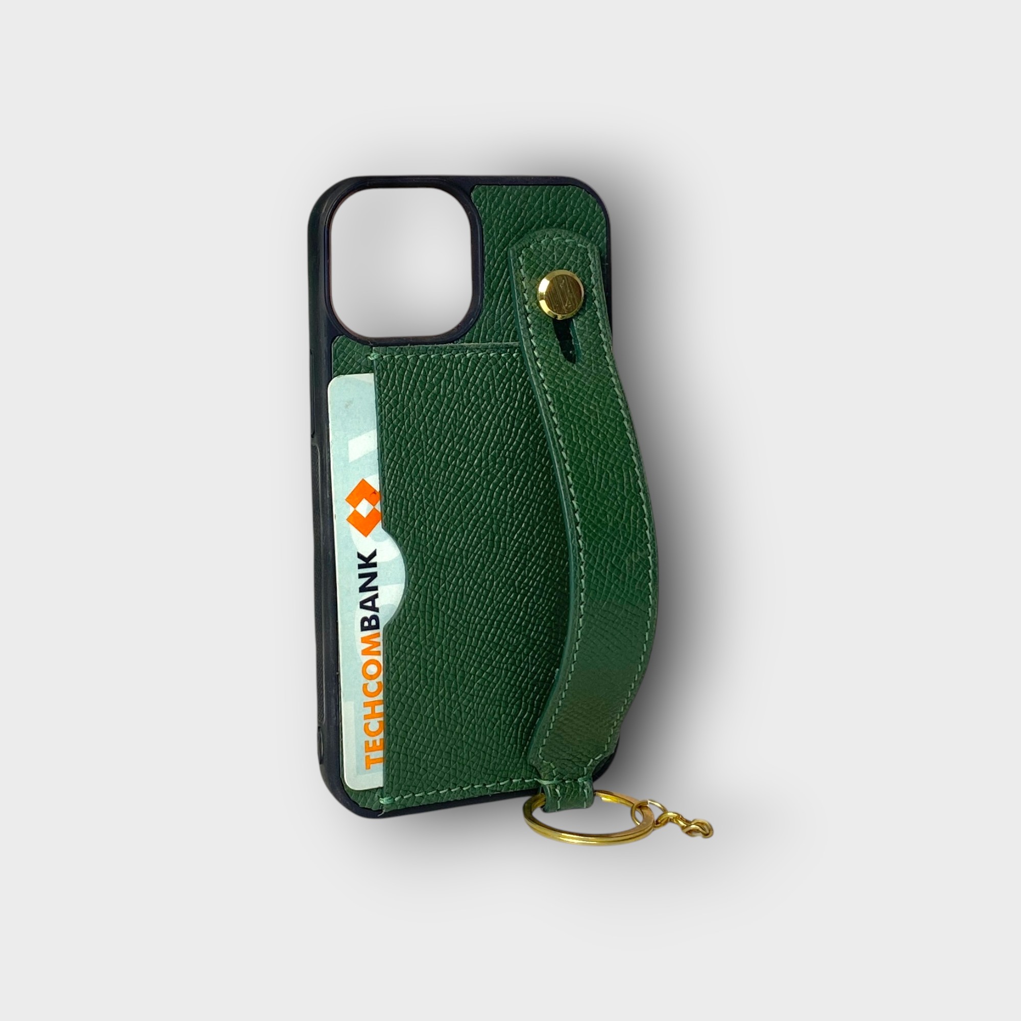 LS0650 - Ốp da thủ công viền đen 2 khe thẻ handstrap kèm dây đeo - Epsom - E6 Xanh rêu - 13 Mini