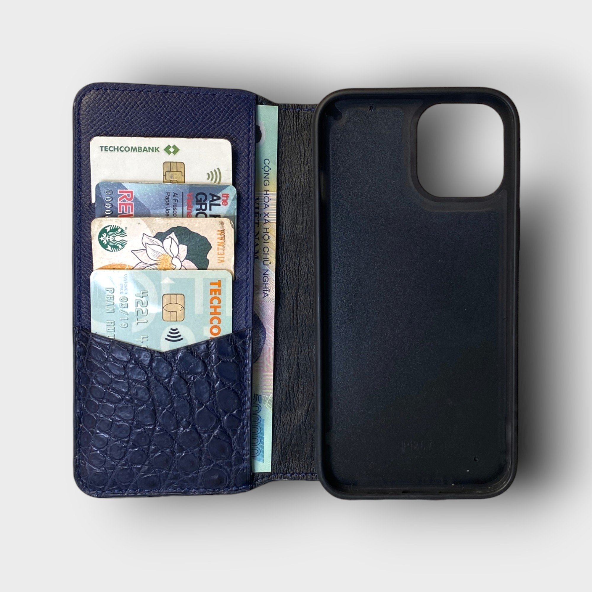 LS0685 - Bao da thủ công viền đen Flip - Cá sấu - CS2 Xanh navy - 12 Promax