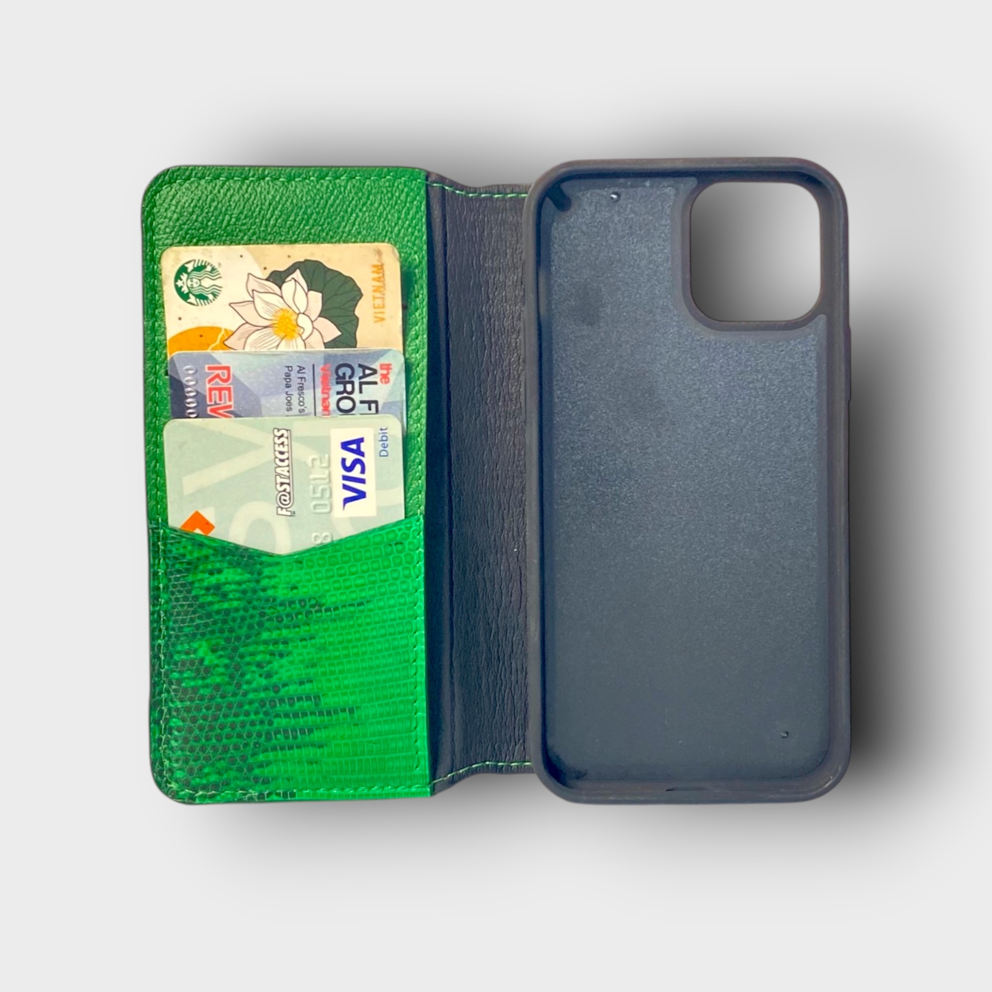 LS0699 - Bao da thủ công viền đen Flip - Kì đà - KĐ6 Xanh lá - 12/ 12Pro