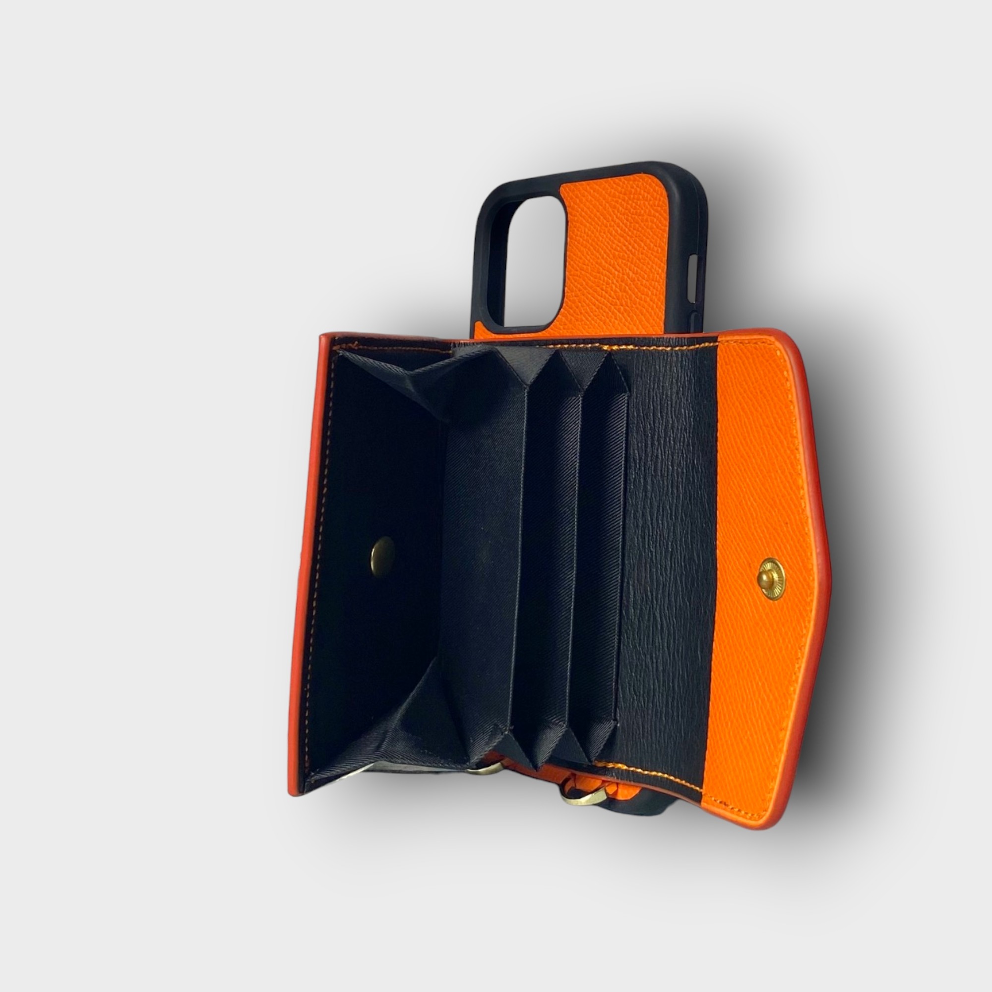 LS0707 - Ốp da thủ công viền đen ví Zip kèm dây đeo - Epsom - E11 Cam - 12/ 12Pro