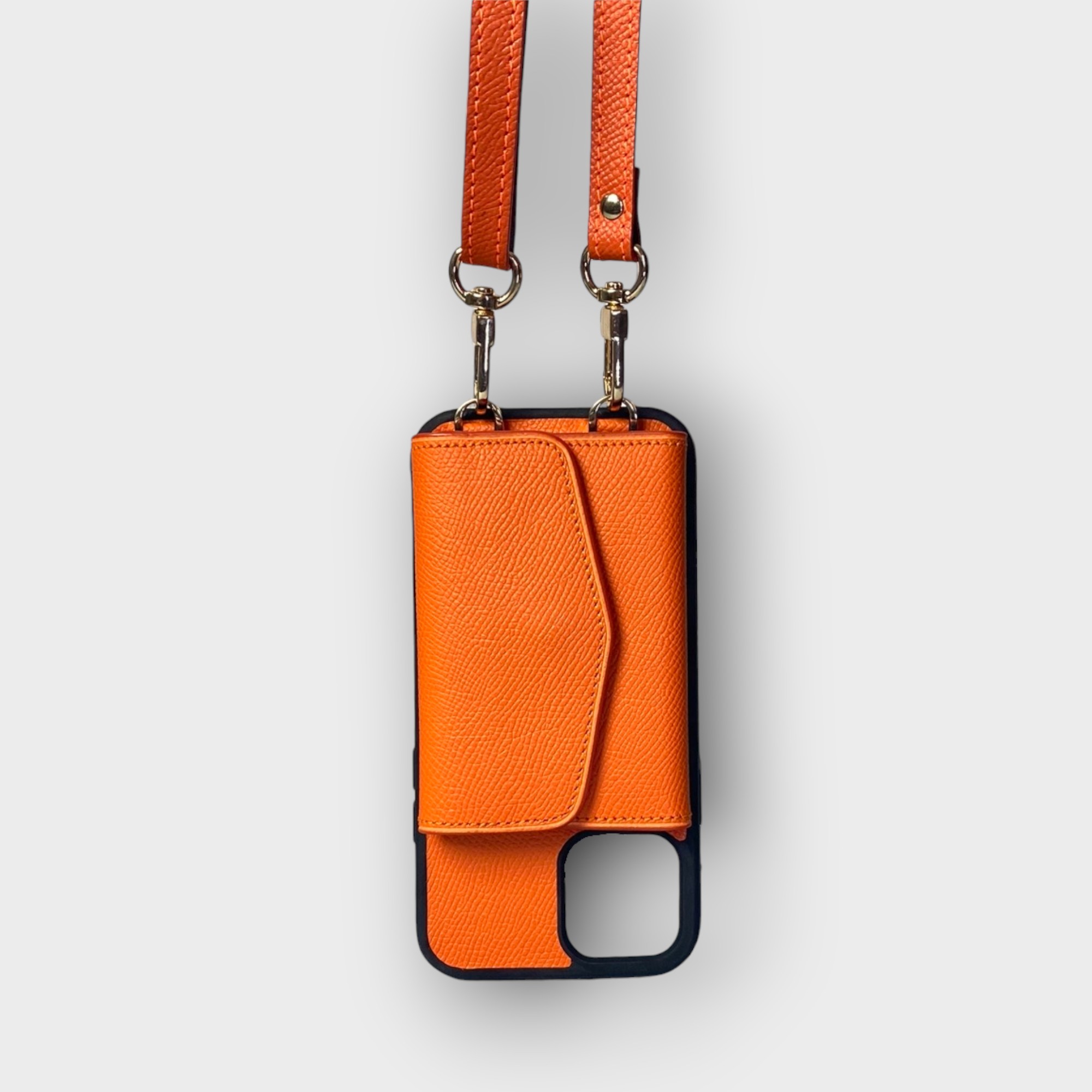 LS0707 - Ốp da thủ công viền đen ví Zip kèm dây đeo - Epsom - E11 Cam - 12/ 12Pro
