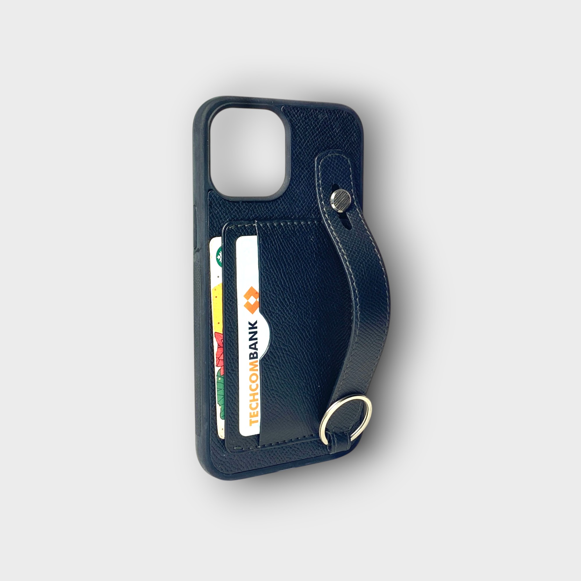 LS0719 - Ốp da thủ công viền đen 2 khe thẻ handstrap kèm dây đeo - Epsom - E1 Đen - 12 Promax
