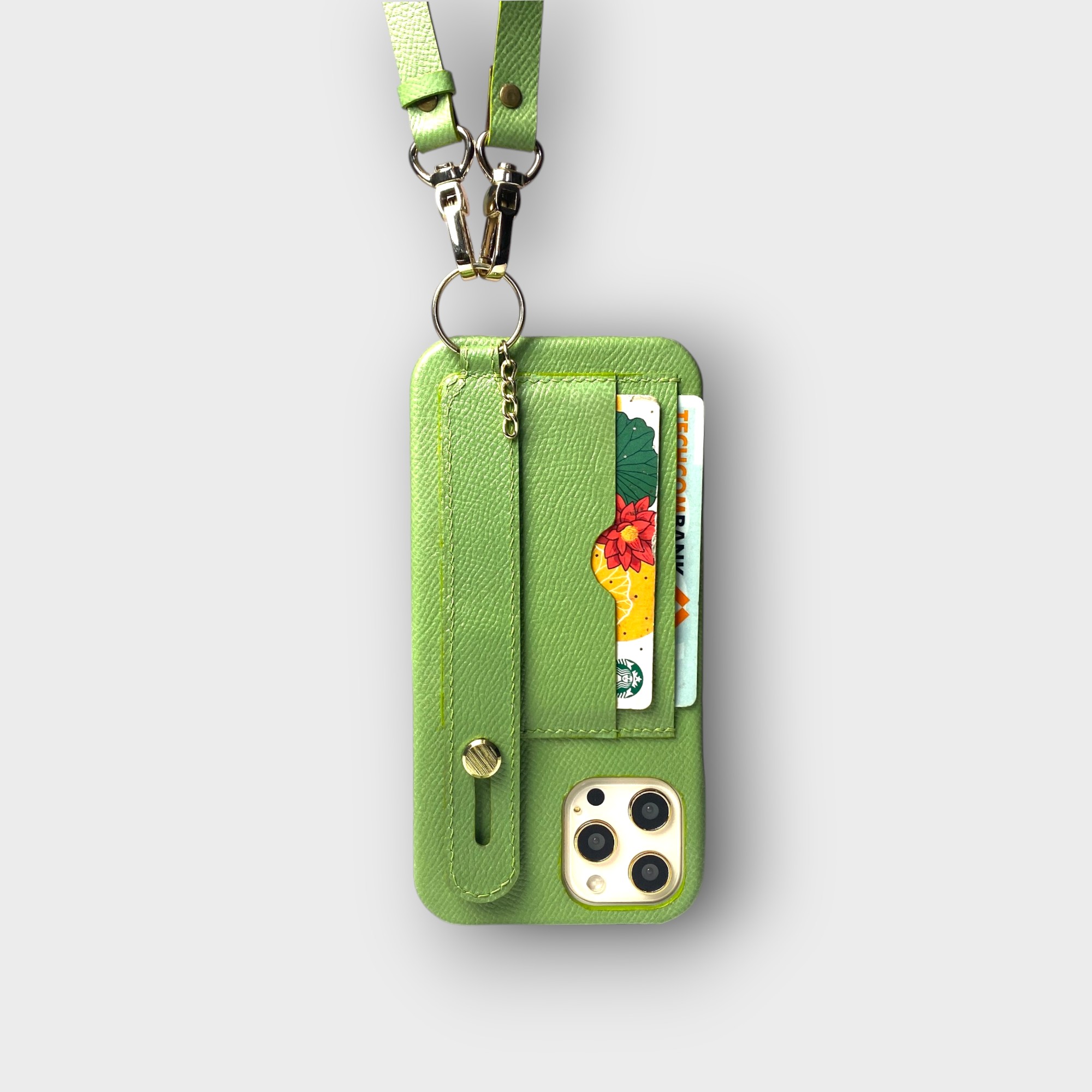 LS0724 - Ốp da thủ công viền đen 2 khe thẻ handstrap kèm dây đeo - Epsom - E13 Xanh chuối - 12 Promax