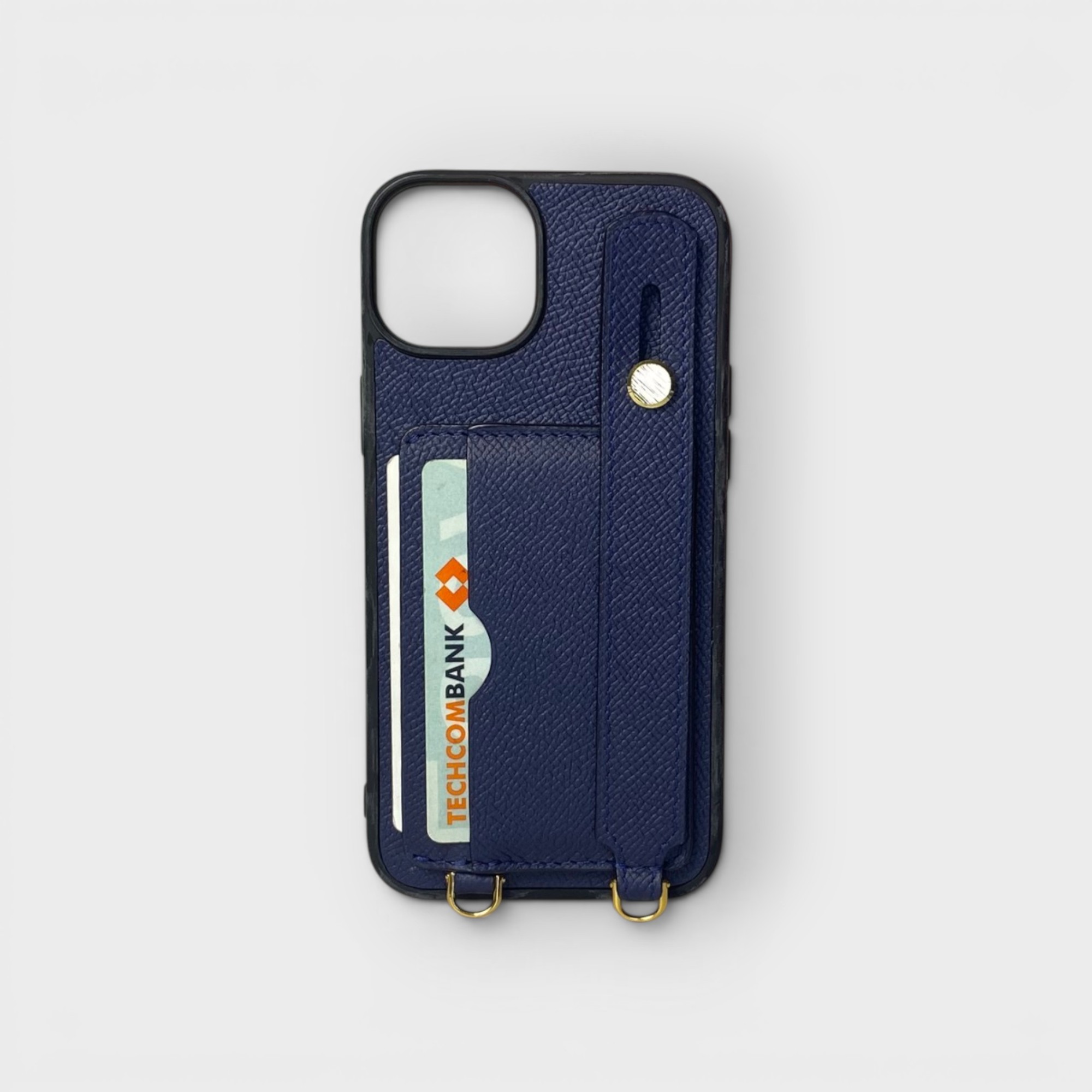 LS0761 - Ốp da thủ công viền đen 2 khe thẻ handstrap kèm dây đeo - Epsom - E3 Xanh navy - 12 Promax