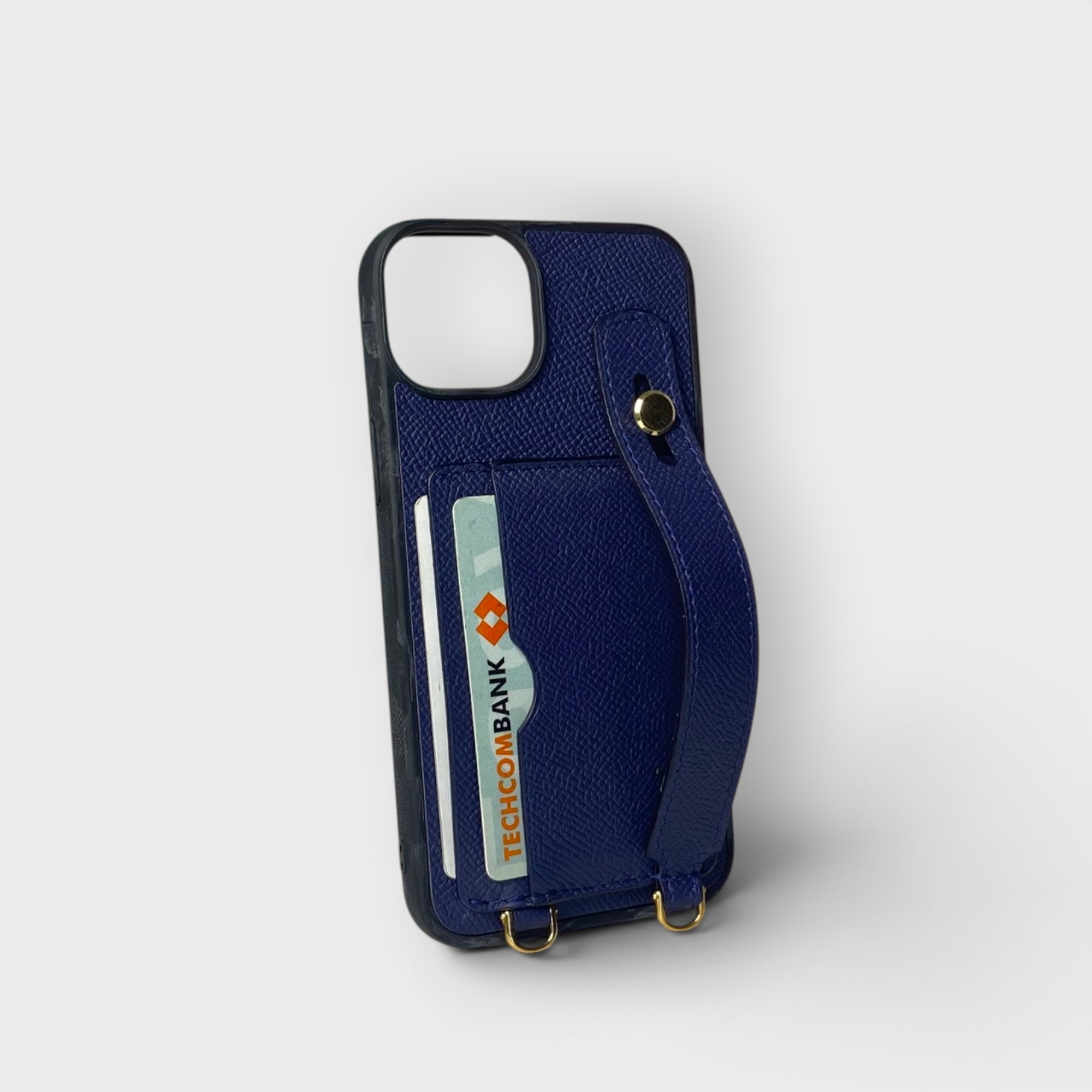 LS0761 - Ốp da thủ công viền đen 2 khe thẻ handstrap kèm dây đeo - Epsom - E3 Xanh navy - 12 Promax