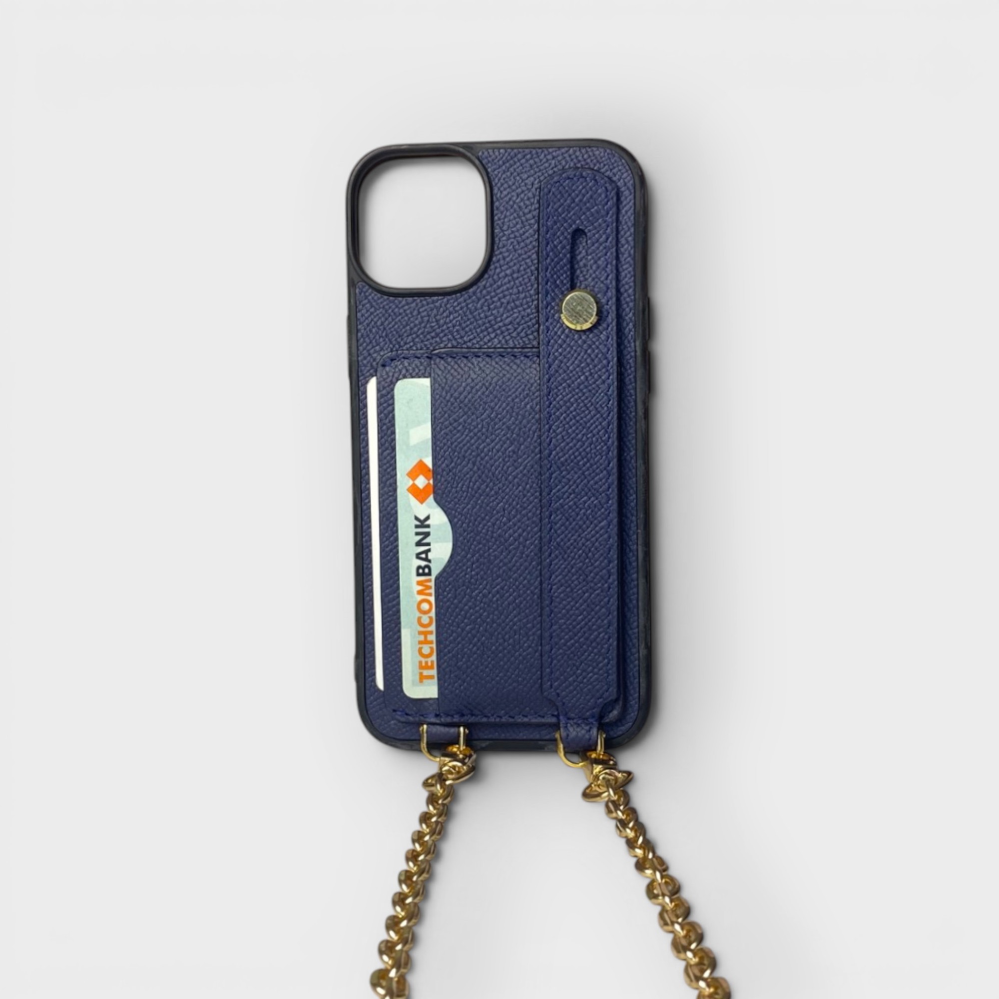 LS0761 - Ốp da thủ công viền đen 2 khe thẻ handstrap kèm dây đeo - Epsom - E3 Xanh navy - 12 Promax
