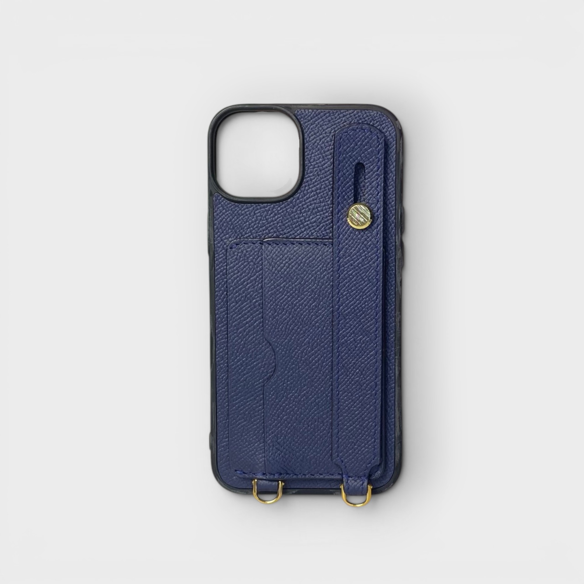 LS0761 - Ốp da thủ công viền đen 2 khe thẻ handstrap kèm dây đeo - Epsom - E3 Xanh navy - 12 Promax