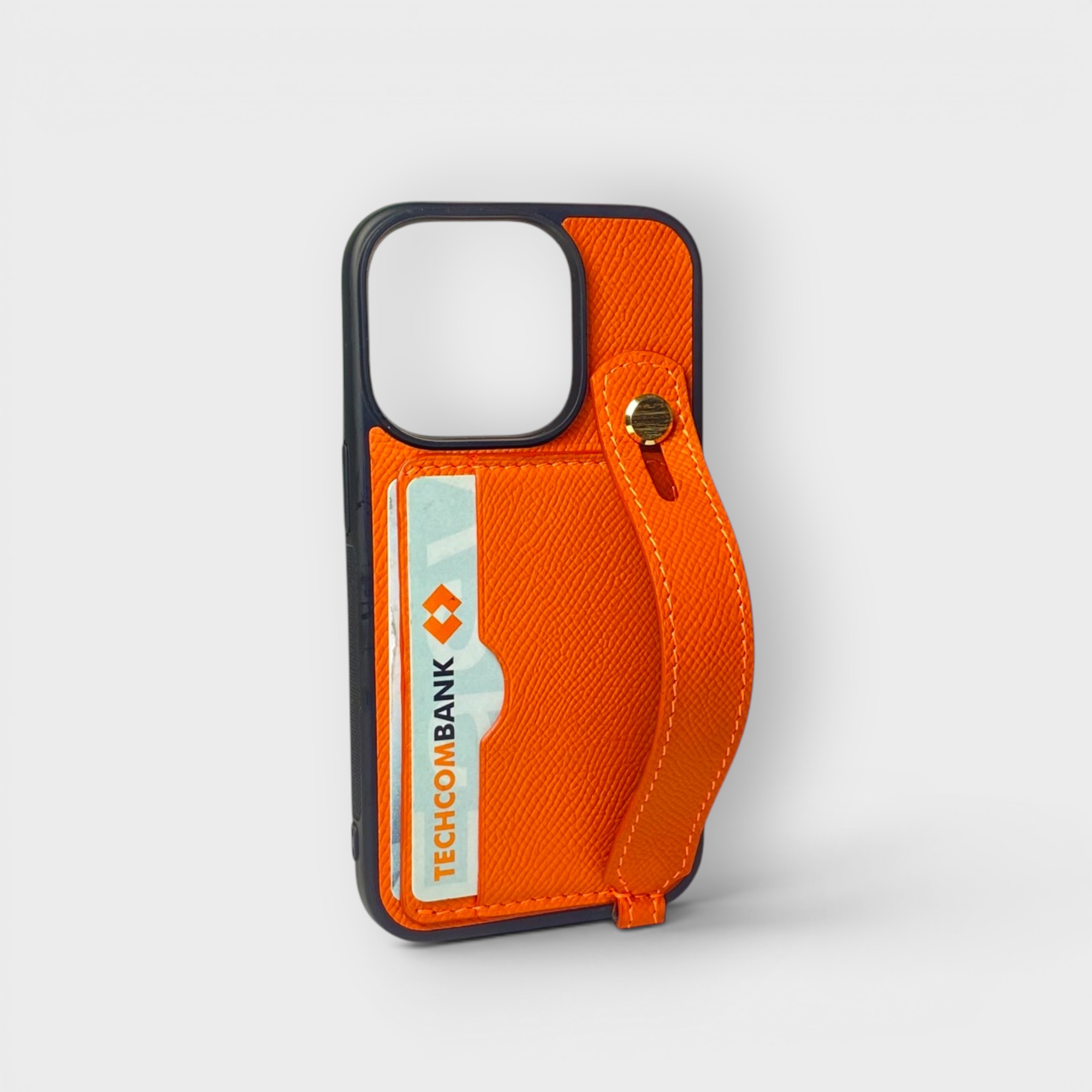 LS0765 - Ốp da thủ công viền đen 2 khe thẻ handstrap kèm dây đeo - Epsom - E11 Cam - 14 Pro
