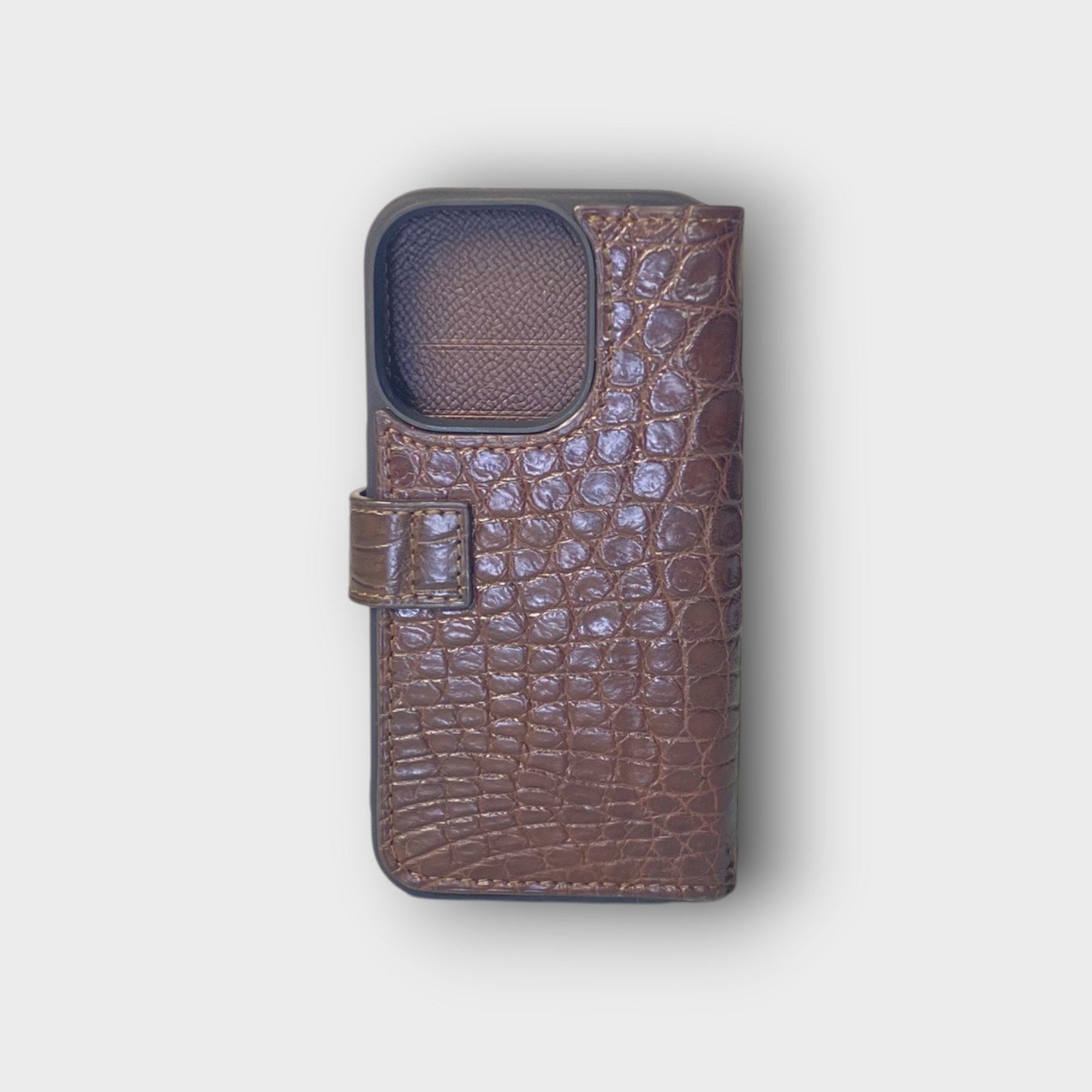 LS0775 - Bao da thủ công viền đen Flip quai cài - Cá sấu - CS4 Nâu cafe - 14 Pro