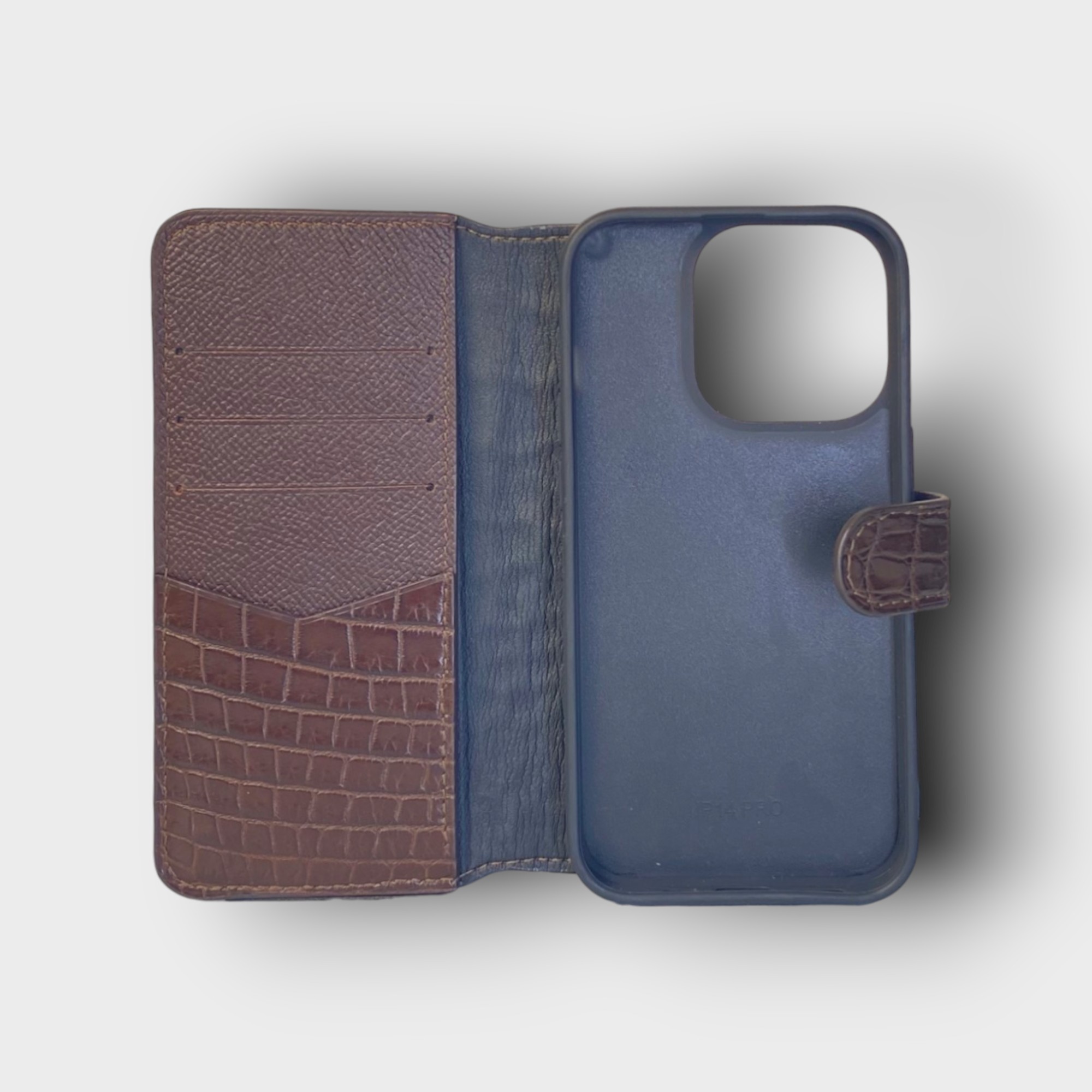 LS0775 - Bao da thủ công viền đen Flip quai cài - Cá sấu - CS4 Nâu cafe - 14 Pro