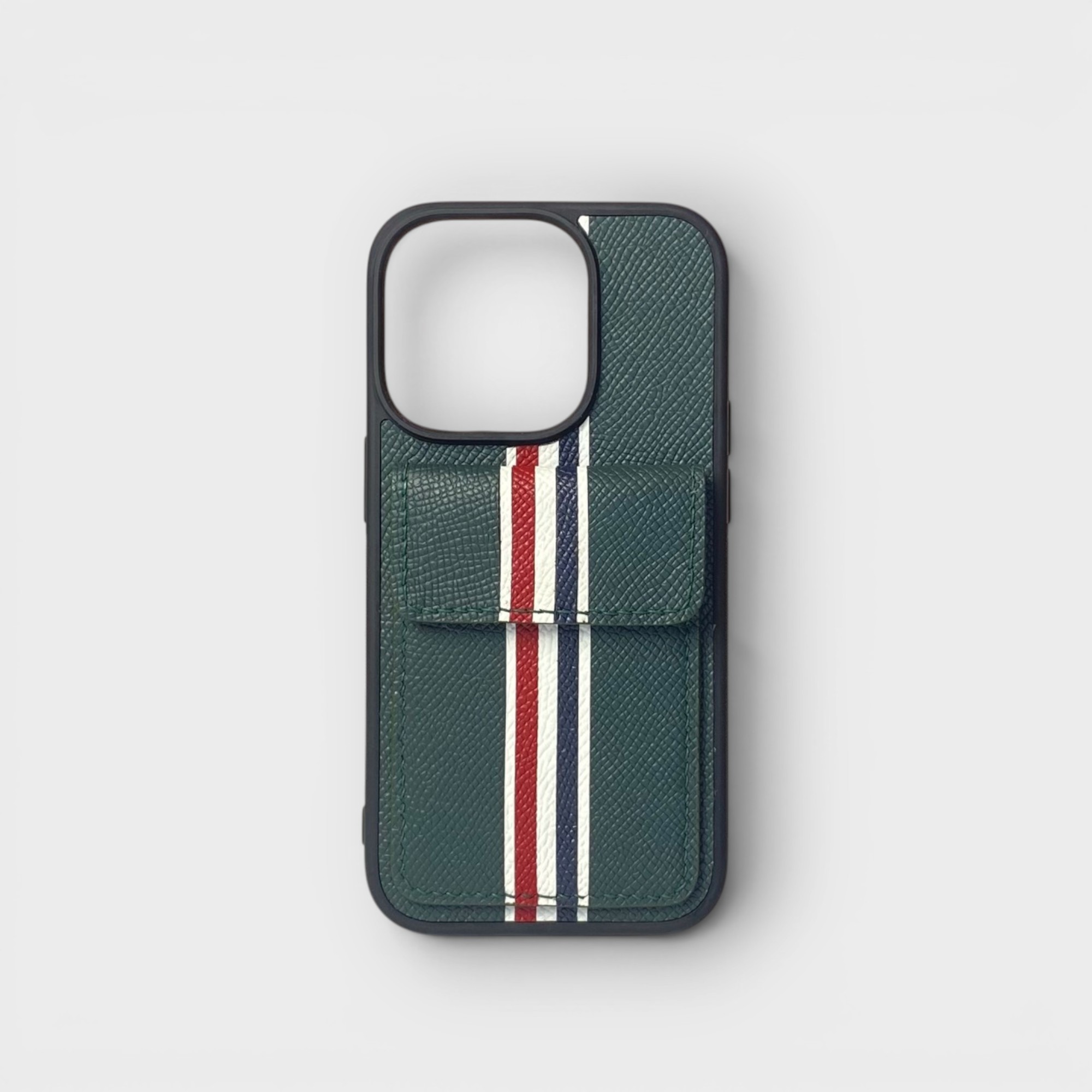 LS0785 - Ốp da thủ công viền đen Thom Browne khe thẻ nắp ví - Epsom - E6 Xanh rêu - 14 Pro