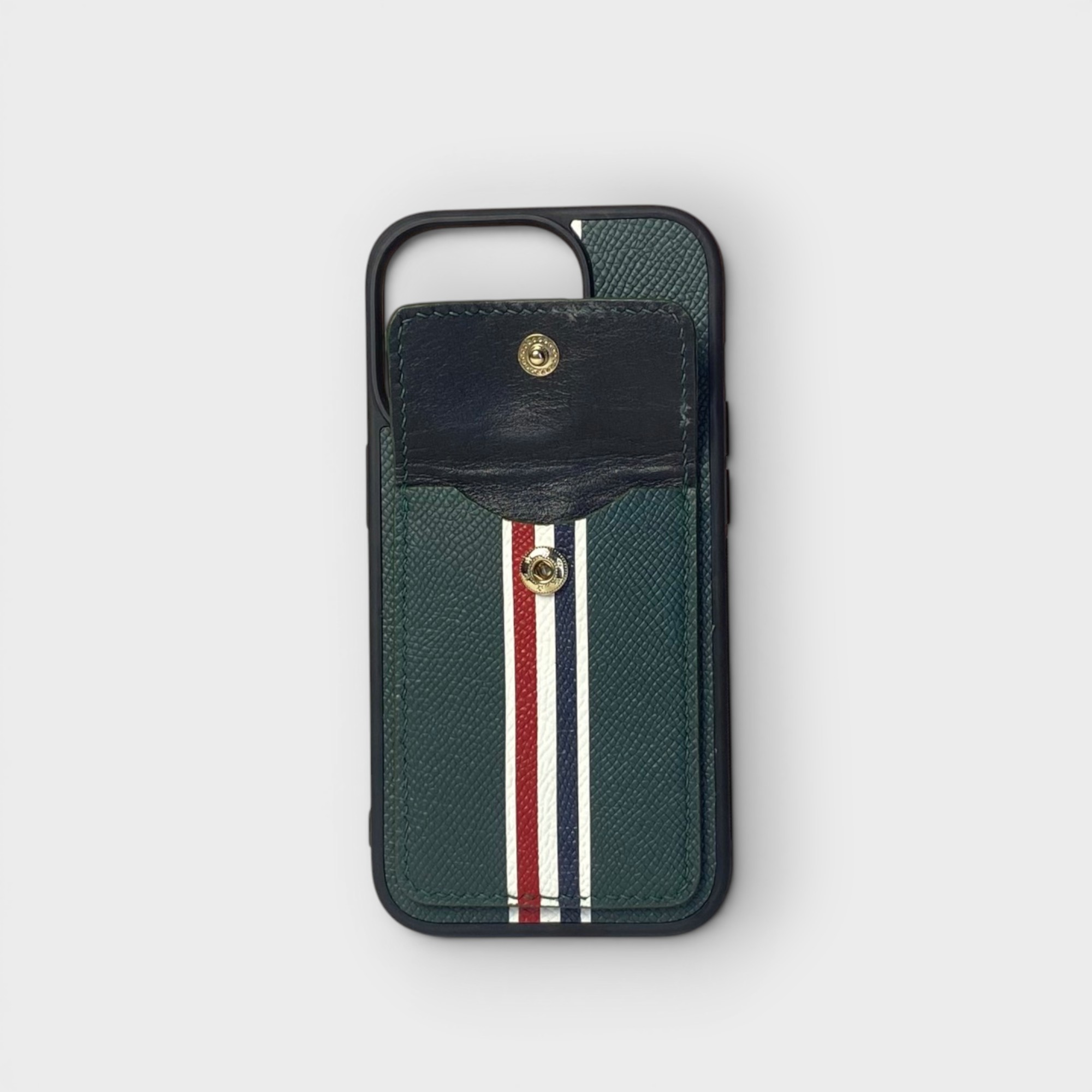 LS0785 - Ốp da thủ công viền đen Thom Browne khe thẻ nắp ví - Epsom - E6 Xanh rêu - 14 Pro