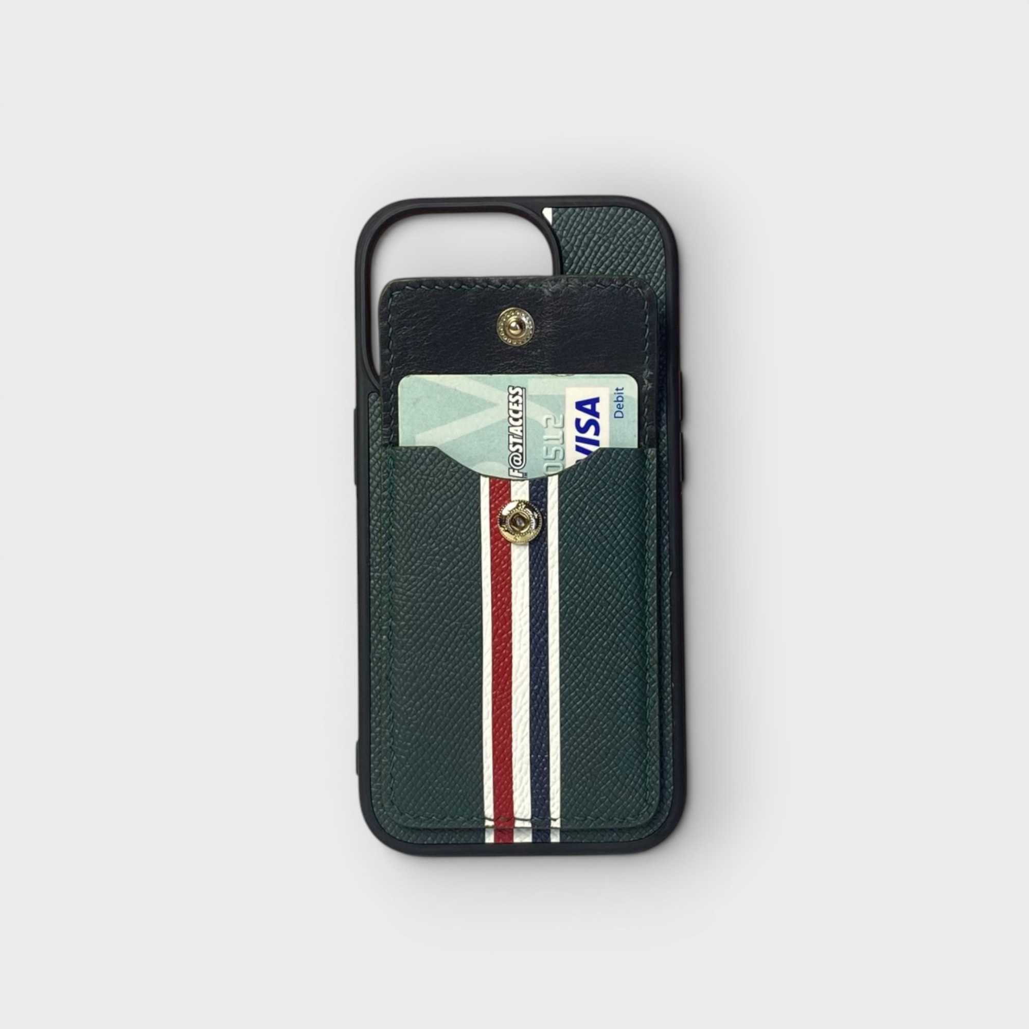 LS0785 - Ốp da thủ công viền đen Thom Browne khe thẻ nắp ví - Epsom - E6 Xanh rêu - 14 Pro