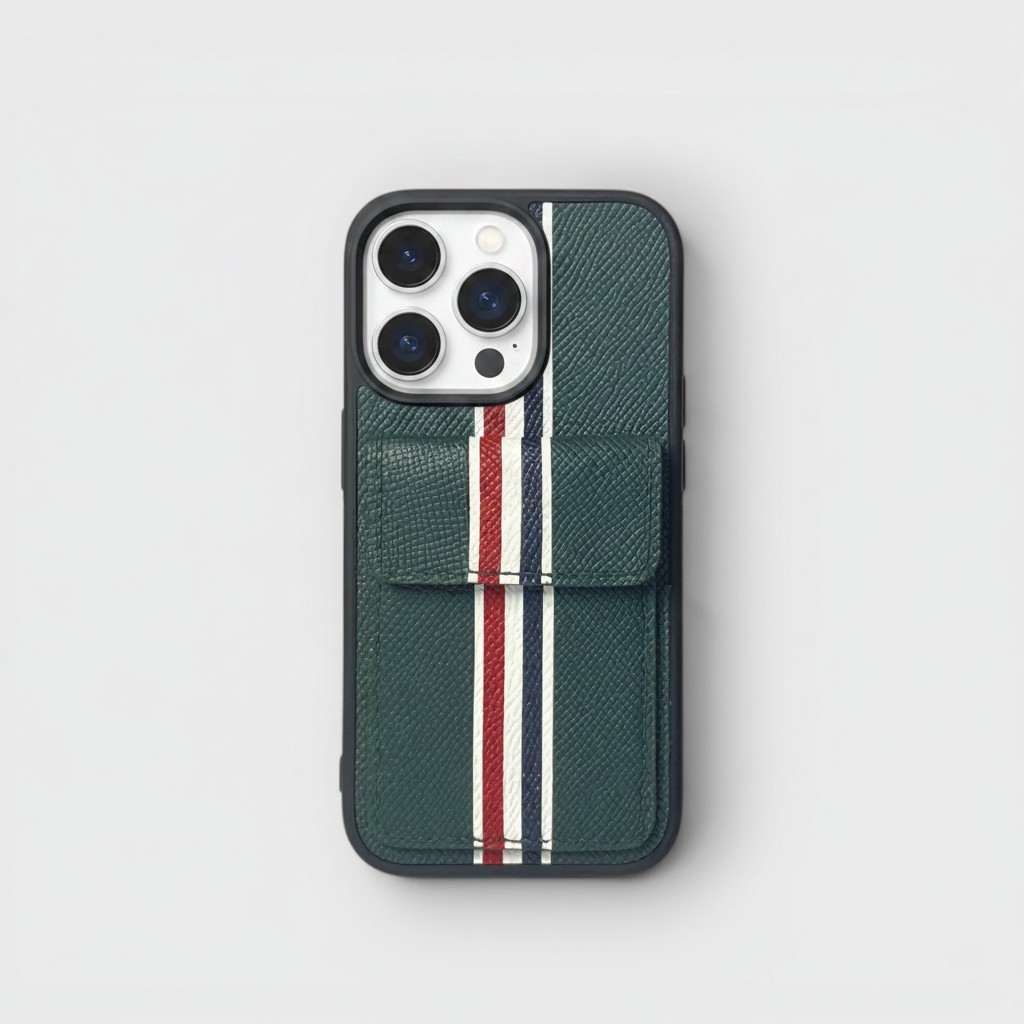 LS0785 - Ốp da thủ công viền đen Thom Browne khe thẻ nắp ví - Epsom - E6 Xanh rêu - 14 Pro