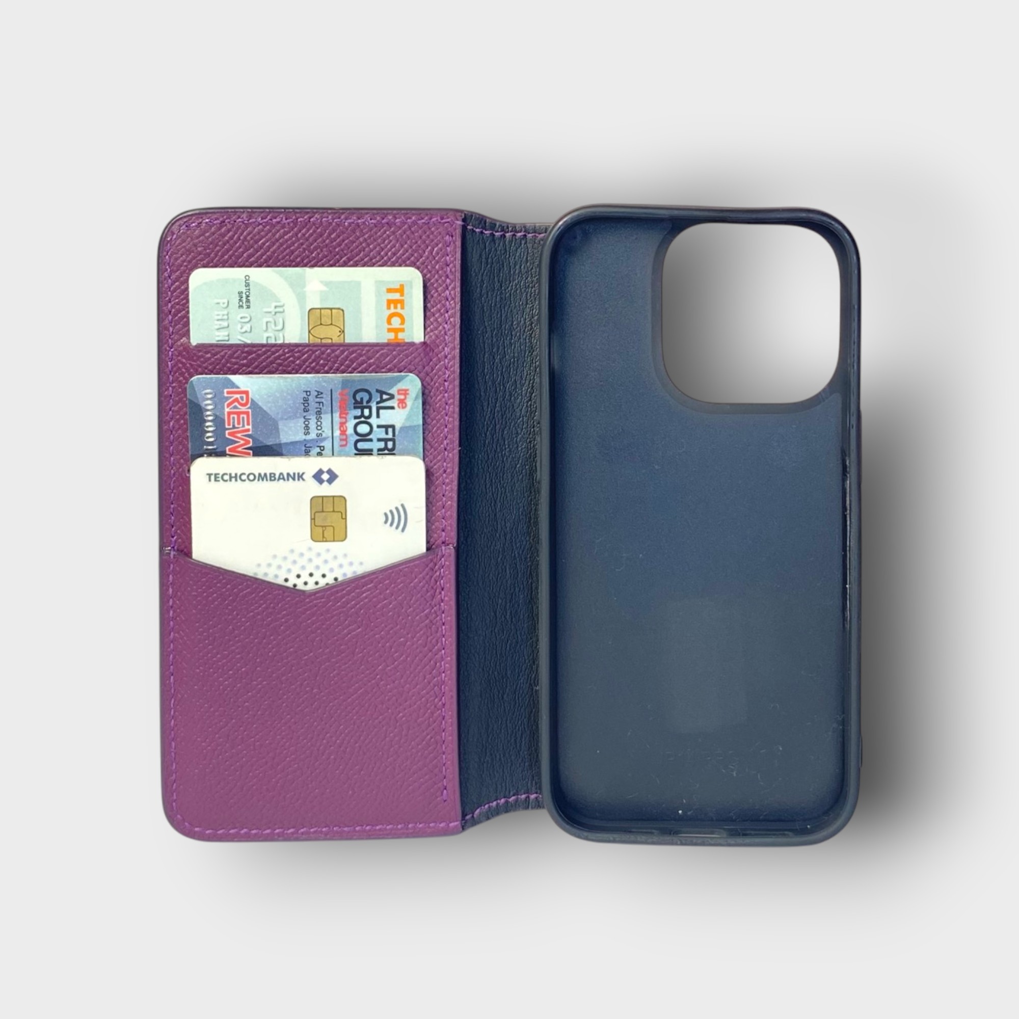 LS0796 - Bao da thủ công viền đen Flip - Epsom - E19 Tím đậm - 14 Pro