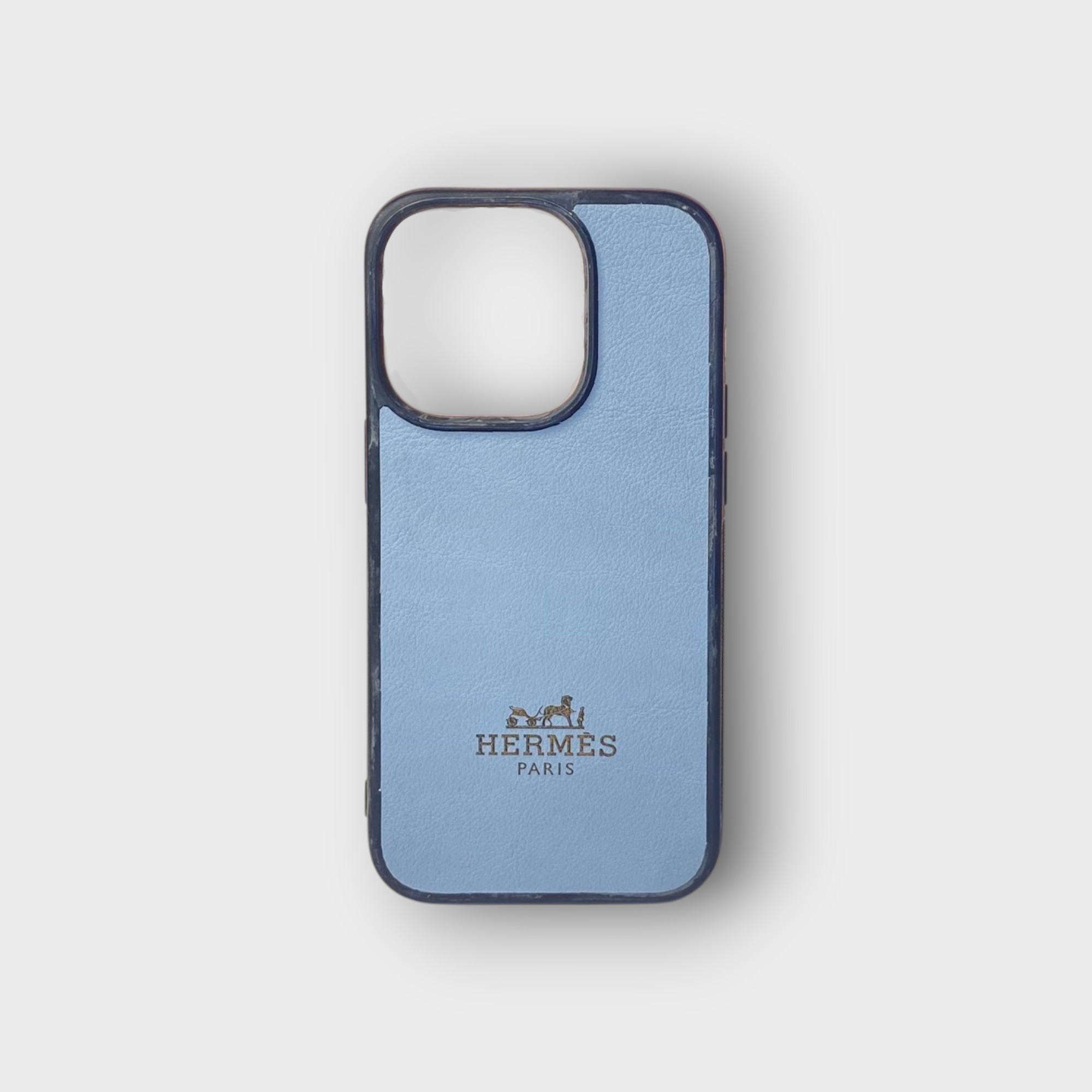 LS0797 - Ốp da thủ công viền đen khắc Hermes - Swift - SW Xanh sierra - 14 Pro