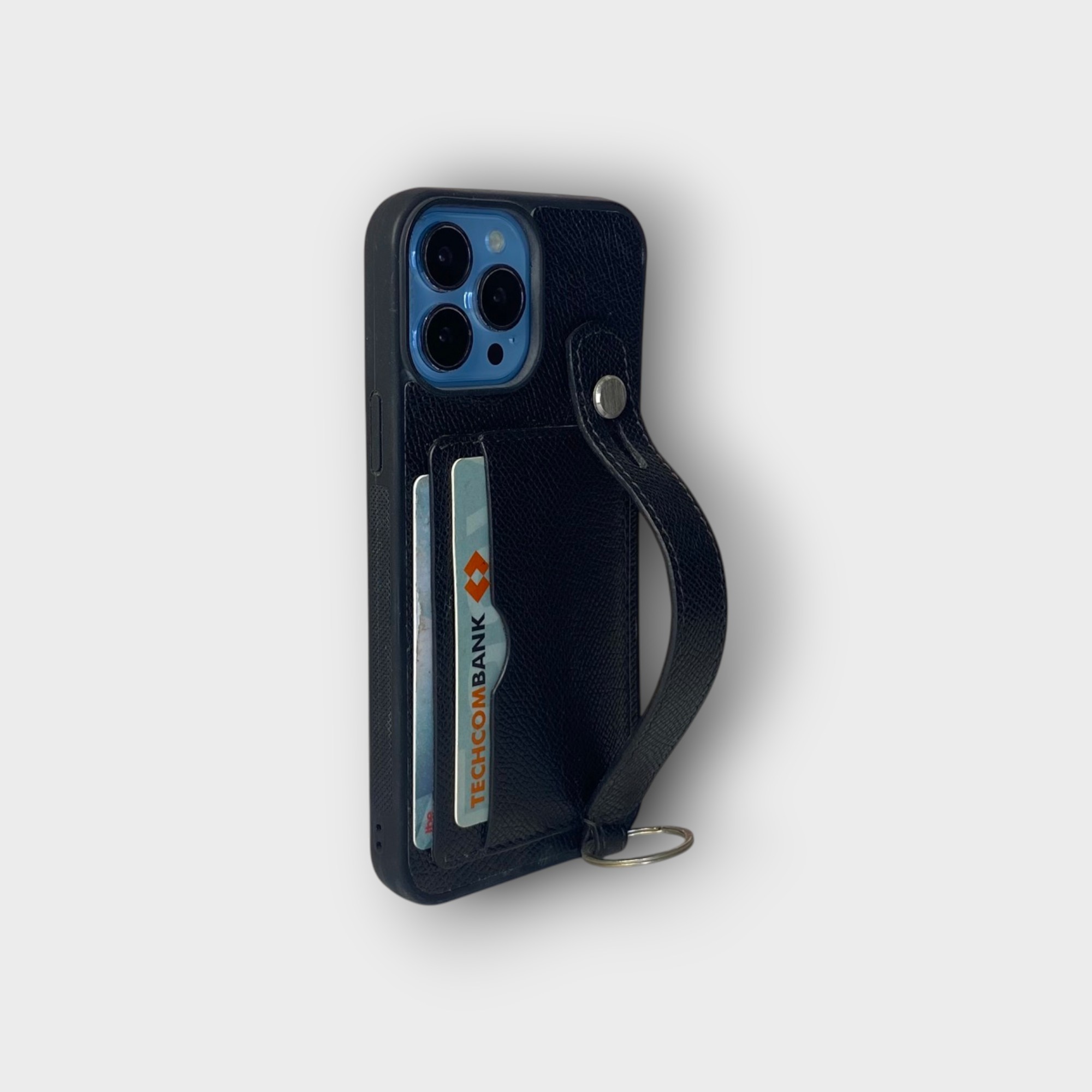 LS0801 - Ốp da thủ công viền đen 2 khe thẻ handstrap kèm dây đeo - Epsom - E1 Đen - 13 Promax