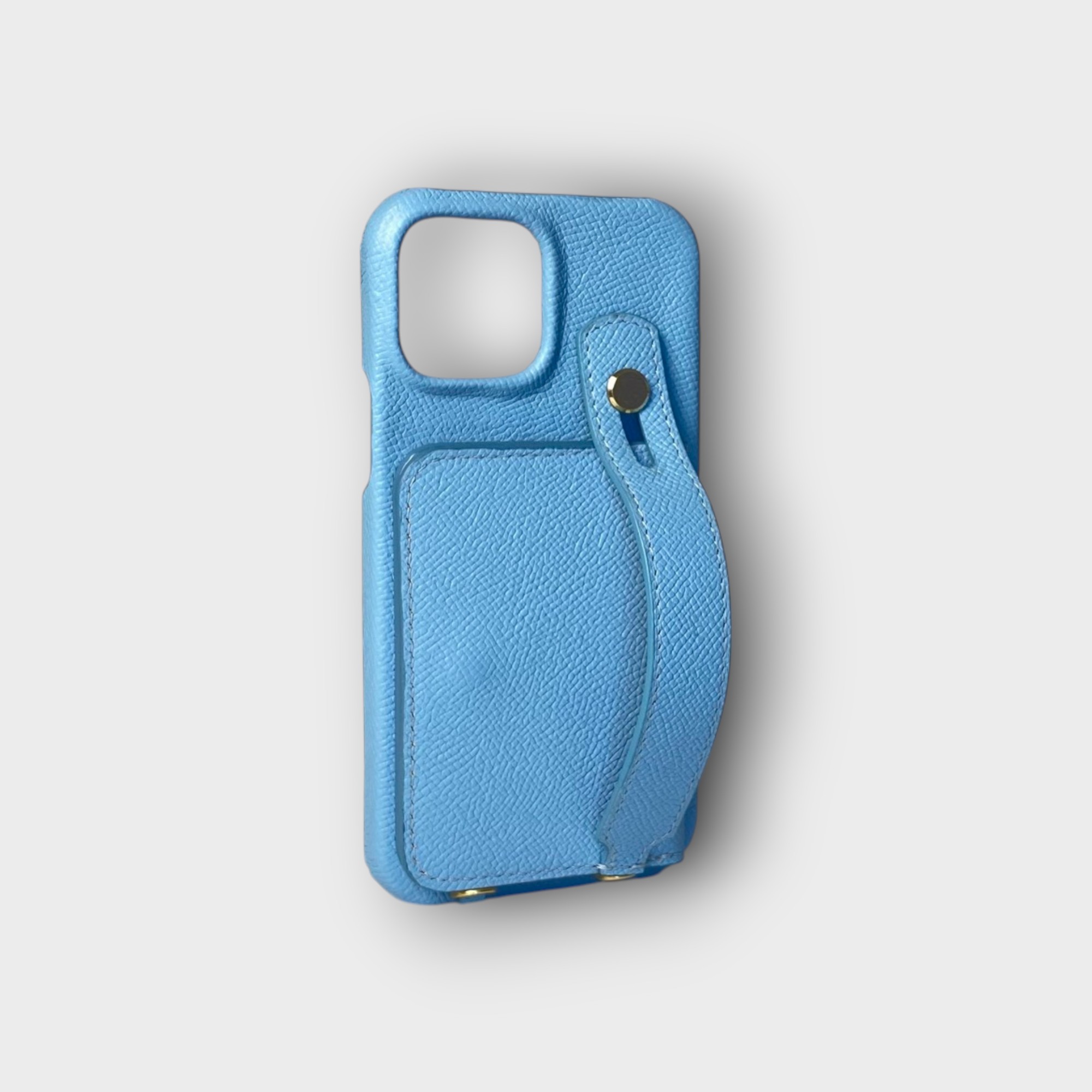 LS0816 - Ốp da thủ công viền đen ví Mini handstrap kèm dây đeo - Epsom - E23 Xanh sierra - 13 Promax