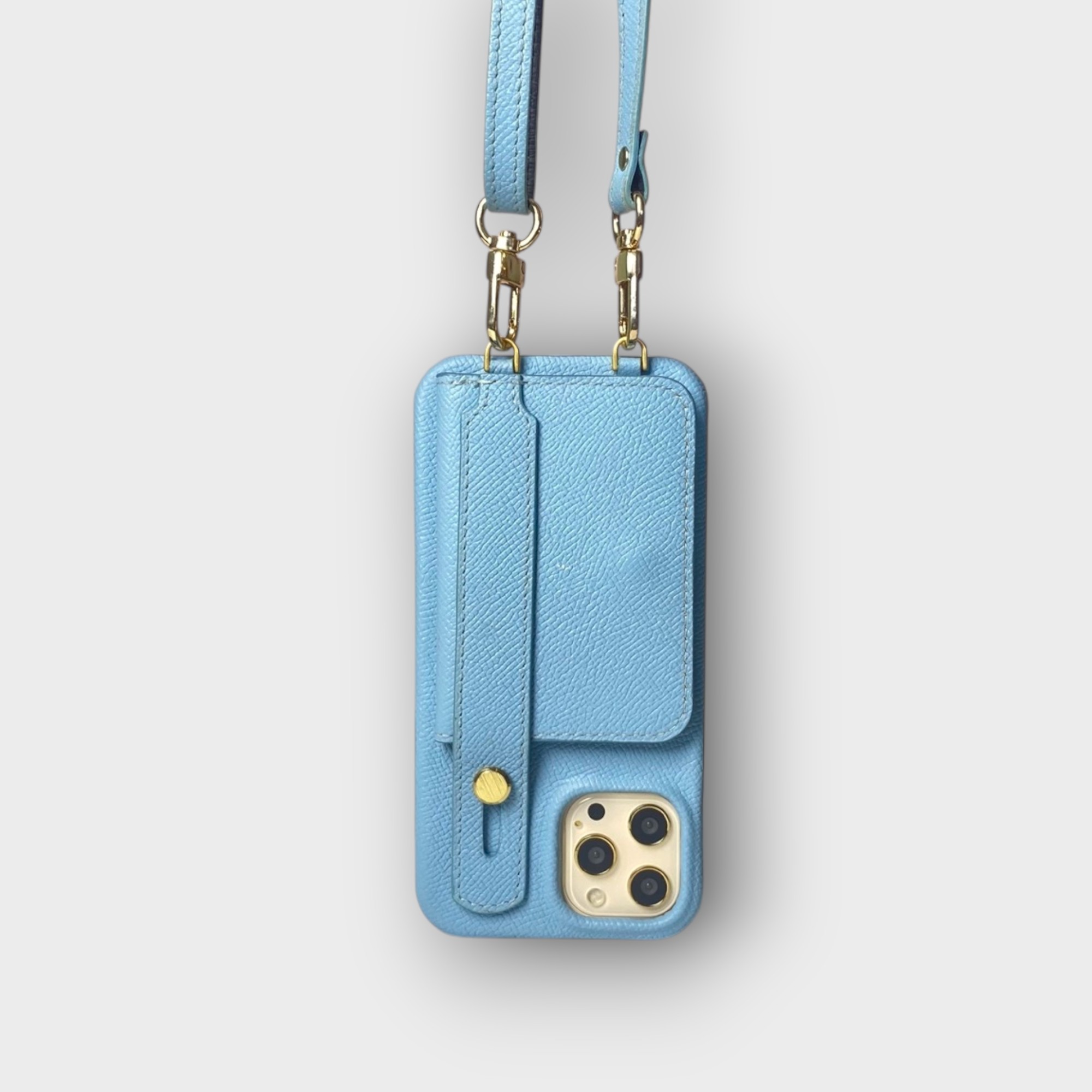 LS0816 - Ốp da thủ công viền đen ví Mini handstrap kèm dây đeo - Epsom - E23 Xanh sierra - 13 Promax