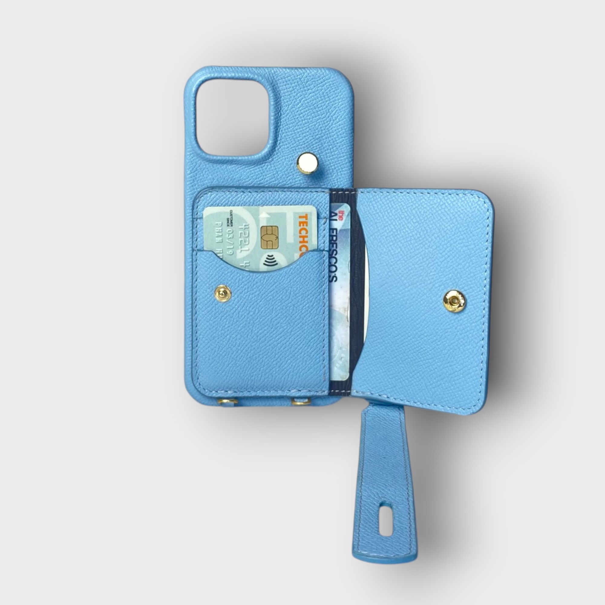 LS0816 - Ốp da thủ công viền đen ví Mini handstrap kèm dây đeo - Epsom - E23 Xanh sierra - 13 Promax