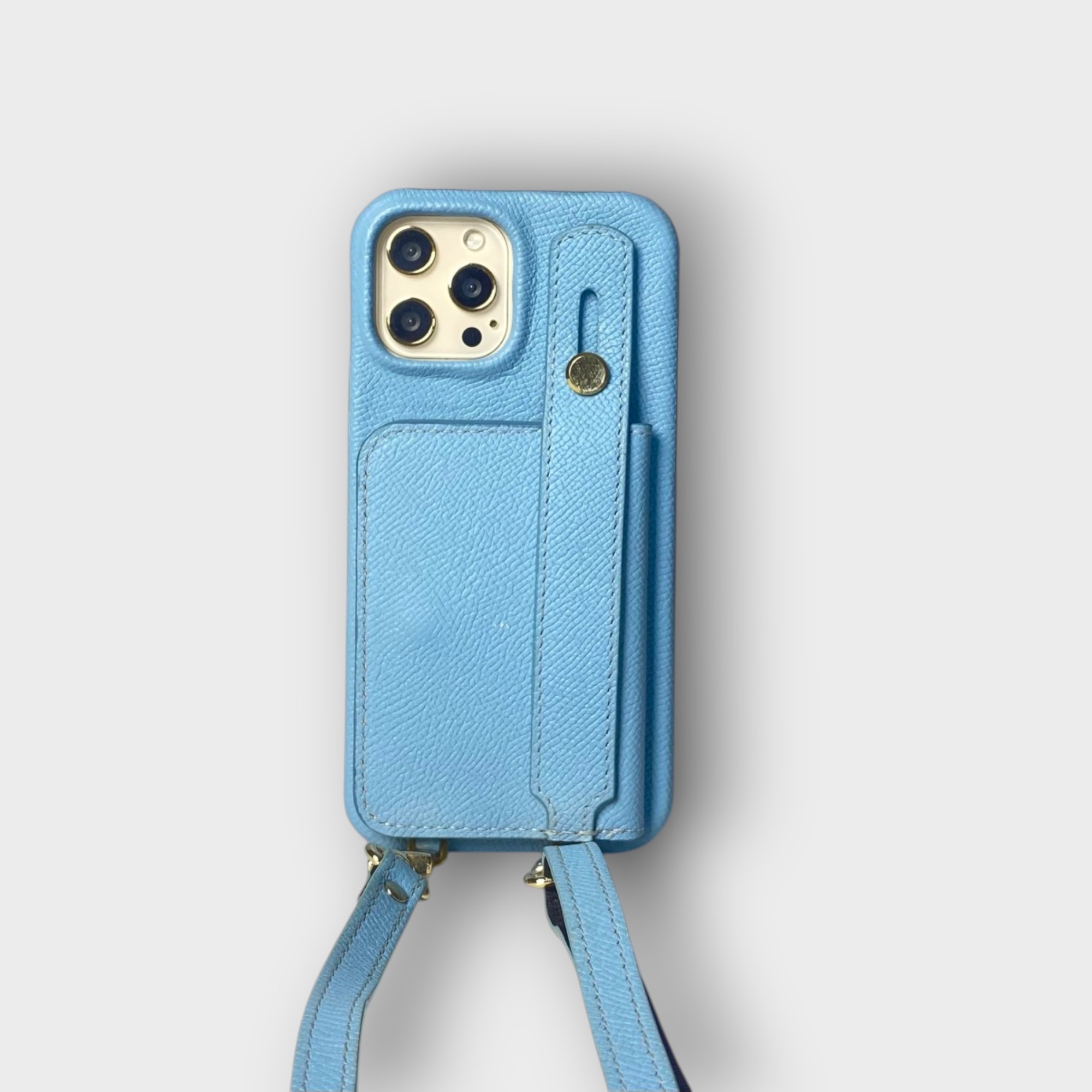 LS0816 - Ốp da thủ công viền đen ví Mini handstrap kèm dây đeo - Epsom - E23 Xanh sierra - 13 Promax