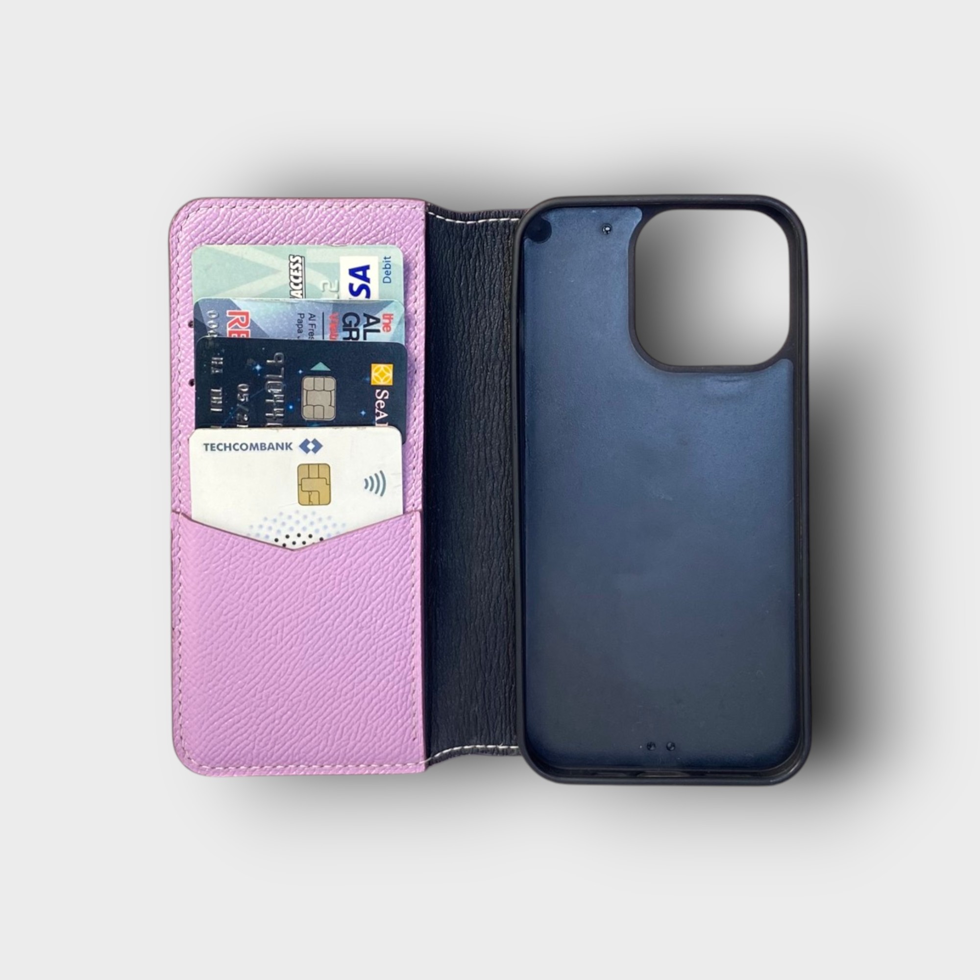 LS0863 - Bao da thủ công viền đen Flip - Epsom - E22 Tím nhạt - 13 Pro