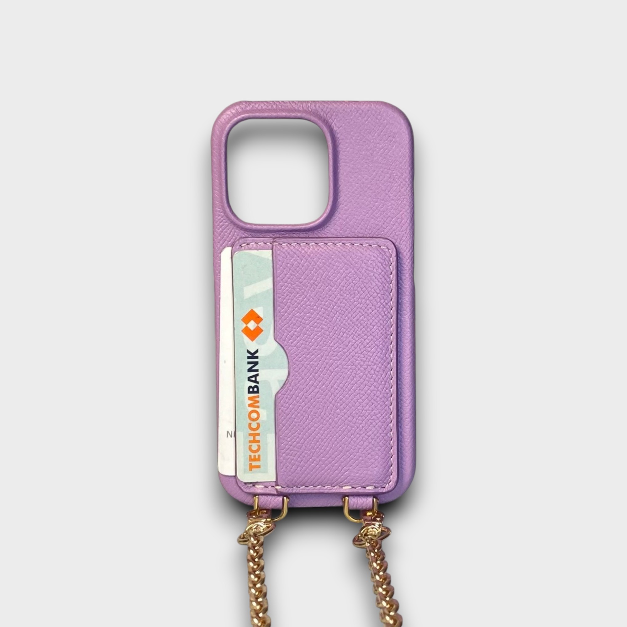 LS0872 - Ốp da thủ công viền full da 2 khe thẻ handstrap kèm dây đeo - Epsom - E22 Tím nhạt - 13 Pro